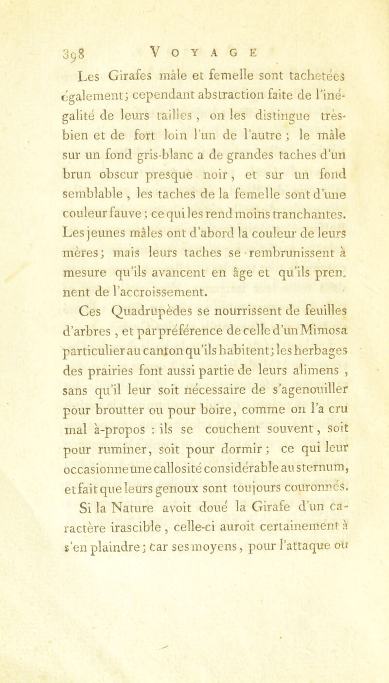 Les Girafes mâle et femelle sont tachetées cigalement; cependant abstraction faite de l’iné- galité de leurs tailles , 011 les distingue très- bien et de fort loin l’im de l’autre ; le mâle sur un fond gris-blanc a de grandes taches d’un brun obscur presque noir, et sur un fond semblable , les taches de la femelle sont d’une couleur fauve ; ce qui les rend moins tranchantes. Les jeunes mâles ont d’abord la couleur de leurs mères; mais leurs taches se rembrunissent à mesure qu’ils avancent en âge et qu’ils pren, nent de l’accroissement. Ces Quadrupèdes se nourrissent de feuilles d’arbres , et par préférence de celle d’un Mimosa particulier au canton qu’ils habitent ; les herbages des prairies font aussi partie de leurs alimens , sans qu’il leur soit nécessaire de s’agenouiller pour broutter ou pour boire, comme on l’a cru mal à-propos ; ils se couchent souvent, soit pour ruminer, soit pour dormir; ce qui leur occasionne une callosité considérable au sternum, etfait que leurs genoux sont toujours couronnés. Si la Nature avoit doué la Girafe d’un ca- ractère irascible , celle-ci auroit certainement à s’en plaindre; Car ses moyens, pour l’attaque ou