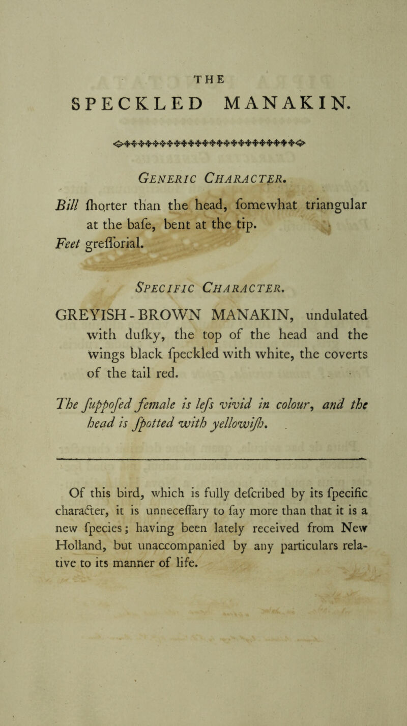 THE SPECKLED MANAKIN. Generic Character. Bill (horter than the head, fomewhat triangular at the bafe, bent at the tip. Feet greflorial. Specific Character. GREYISH-BROWN MANAKIN, undulated with dulky, the top of the head and the wings black fpeckled with white, the coverts of the tail red. The fuppofed female is lefs vivid in colour, and the head is fpotted with yellowifh. Of this bird, which is fully defcribed by its fpecific character, it is unneceffary to fay more than that it is a new fpecies; having been lately received from New Holland, but unaccompanied by any particulars rela- tive to its manner of life.