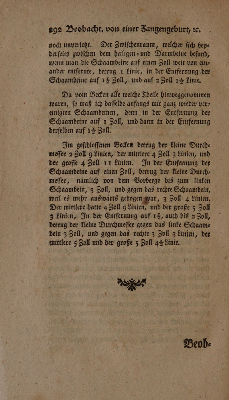 8 2 N N De‘ J 292 Beobacht. von einer Zangengeburt, 7. noch unverletzt. Der Zwiſchenraum, welcher ſich bey⸗ derſeits zwiſchen dem heiligen und Darmbeine befand, wenn man die Schaambeine auf einen Zoll weit von eins ander entfernte, betrug 1 Linie, in der Entfernung der Schaambeine auf 12 Zoll, und auf 2 Zoll 13 Linie. Da vom Becken alle weiche Theile hinweggenommen waren, ſo maß ich daſſelbe anfangs mit ganz wieder ver⸗ einigten Schaambeinen, denn in der Entfernung der Schaambeine auf 1 Zoll, und dann in der 5 Nea auf 15 Zoll. | Inm geſchloſſenen Becken betrug der kleine Durch⸗ meſſer 2 Zoll 9 Linien, der mittlere 4 Zoll 3 Linien, und der groſſe 4 Zoll 11 Linien. In der Entfernung der Schaambeine auf einen Zoll, betrug der kleine Durch⸗ meſſer, naͤmlich von dem Vorberge bis zum linken Schaambein, 3 Zoll, und gegen das rechte Schaambein, weil es mehr aus waͤrts gebogen war, 3 Zoll 4 Linien Der mittlere hatte 4 Zoll 9 Linien, und der große 5 Fol 3 Linien, In der Entfernung auf 1%, auch bis 2 Zoll, betrug der kleine Durchmeſſer gegen das linke Schaam⸗ bein 3 Zoll, und gegen das rechte 3 Zoll 3 Linien, der mittlere 5 Zoll und der große 5 Zoll 43 Linie.