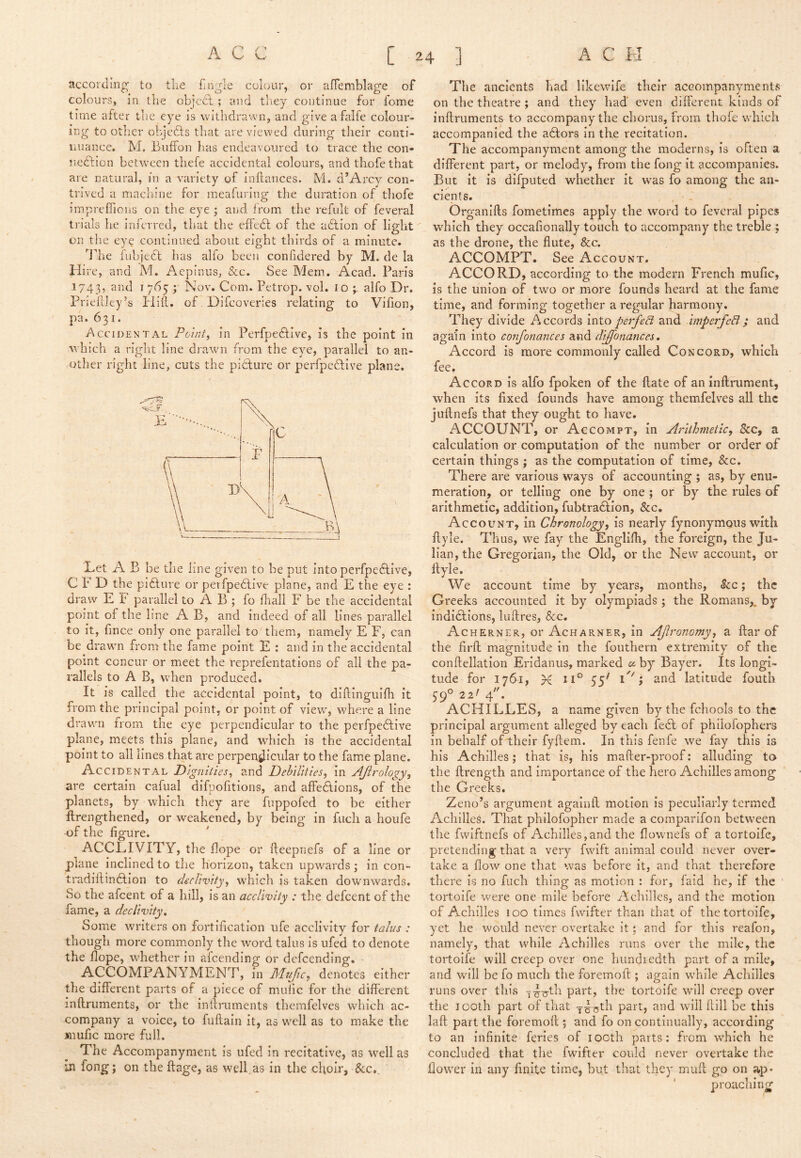 A C f ■’ V.' A C H C 24 ] according to tlie fmgle colour, or affemblage of colours, in the objecl ; and they continue for fome time after the eye is withdrawn, and give afalfe colour- ing to other objedls that are viewed during their conti- liuance. M, Buffon has endeavoured to trace the con- iicdtion between thefe accidental colours, and thofe that are natural, in a variety of inftances. M. d’Arcy con- trived a machine for meafuring the duration of thofe impreflious on the eye j and from the refult of feveral trials he inferred, that the effedf of the adlion of light on the eye continued about eight thirds of a minute. ddie lubjetl has alfo been confidered by M. de la Hire, and M, Aepinus, &c. See Mem. Acad. Paris 1743, 2nd 1765; Nov. Com. Petrop. vol. 10 alfo Dr. Prieilley’s Hill, of Difeoveries relating to Viiion, pa. 631. Accidental Point, in Perfpedtive, is the point in which a right line drawn from the eye, parallel to an- other right line, cuts the picture or perfpeftive plane. Let A B be the line given to be put into perfpedtive, C F D the pifture or perfpedlive plane, and E the eye : draw E P parallel to A B ; fo fhali F be the accidental point of the line A B, and indeed of all lines parallel to it, fince only one parallel to them, namely E F, can be drawn from the fam.e point E ; and in the accidental point concur or meet the reprefentations of all the pa- rallels to A B, when produced. It is called the accidental point, tq diftinguidi it from the principal point, or point of viewy wBere a line drawn from the eye perpendicular to the perfpedlive plane, meets this plane, and which is the accidental point to all lines that are perpen_iJicular to the fame plane. Accidental Dignities, and Dehilities, in AJirology, are certain cafual difpofitions, and affedlions, of the planets, by which they are fuppofed to be either ftrengthened, or weakened, by being in fuch a houfe of the figure. ACCLIVITY, the dope or lleepnefs of a line or plane inclined to the horizon, taken upwards ; in con- tradiftindlion to declivity, which is taken downwards. So the afeent of a hill, is an acclivity : the defeent of the fame, a declivity. Some writers on fortification ufe acclivity for talus : though more commonly the word talus is ufed to denote the Hope, wFether in alcending or defeending. ACCOMPANYMENT, in Mujjc, denotes either the different parts of a piece of mulic for the different inftruments, or the inlfruments themfelves which ac- company a voice, to fuffain it, as wHl as to make the mufic more full. The Accompanyment is ufed in recitative, as w^ell as in fong; on the ffage, as well, as in the choir, &:c.. The ancients had llkewife their accompanyments on the theatre ; and they had' even different kinds of inflruments to accompany the chorus, from thofe which accompanied the adfors in the recitation. The accompanyment among the moderns, is often a different part, or melody, from the fong it accompanies. But it is difputed whether it was fo among the an- cients. Organifls fometimes apply the word to feveral pipes w'hich they occafionally touch to accompany the treble ; as the drone, the flute, &c. ACCOMPT. See Account. ACCORD, according to the modern French mufic, is the union of two or more founds heard at the fame time, and forming together a regular harmony. They divide Accords mto perfed and imperfeB; and again into confonances and dijfonances, Accord is more commonly called Concord, which fee. Accord is alfo fpoken of the flate of an inflrument, when its fixed founds have among themfelves all the juflnefs that they ought to have. ACCOUNT, or Accompt, in Arithmetic, 8cc, a calculation or computation of the number or order of certain things ; as the computation of time, &c. There are various ways of accounting ; as, by enu- meration, or telling one by one ; or by the rules of arithmetic, addition, fubtradlion, &c. Account, in Chronology, is nearly fynonymoiis with flyle. Thus, we fay the Englifh, the foreign, the Ju- lian, the Gregorian, the Old, or the New account, or ftyle. We account time by years, months, Icc; the Greeks accounted it by olympiads ; the Romans,, by indidtions, luftres, &c. Acherner, or Acharner, in Afironomy, a ftar of the firfl magnitude in the fonthern extremity of the conftellatlon Eridanus, marked a. by Bayer. Its longi- tude for 1761, X 11° 55^ i 2nd latitude fouth 59° lA 4. ACHILLES, a name given by the fchools to the principal argument alleged by each fedl of philofophers in behalf of their fyflem. In this fenfe we lay this is his Achilles; that is, his mafter-proof: alluding to the flrength and importance of the hero Achilles among the Greeks. Zeno’s argument againft motion is peculiarly termed Achilles. That philofopher made a comparifon between the fwiftnefs of Achilles,and the flowmefs of a tortoife, pretending that a very fwift animal could never over- take a flow one that was before it, and that therefore there is no fuch thing as motion : for, laid he, if the tortoife were one mile before Achilles, and the motion of Achilles 100 times fwifter than that of the tortoife, yet he would never overtake it; and for this reafon, namely, that while Achilles runs over the mile, the tortoife will creep over one hiindiedth part of a mile, and will be fo much the foremoft ; again w’hile Achilles runs over this j^^r^h part, the tortoife will creep over the 100th part of that y^^th part, and will hill be this laft part the foremoil; and fo on continually, according to an infinite feries of looth parts: from which he concluded that the fwifter could never overtake the flower in any finite time, but that they mull go on ap- proaching