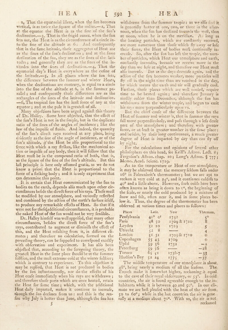 I, That the equatorial Heat, when the fun becomes vertical, is as twice the fquare of the ’/adius.— 2, That at the equator the Heat is as the fine of the lun’s declination.—3, That in the frigid zones, when the fun fets not, the Heat is as the circumference of a circle in- to the fine of the altitude at 6 : And confequently that in the fame latitude.,,'there aggregates of Heat are as the fines of the fun’s declination ; and at the fame declination of the fun, they are as the fines of the lati- tudes ; and generally tliey are as the fines of the la- titudes into the fines of declination.—4, That the equatorial day’s Heat is everywhere as the cofine of the latitude.—5, In all places where the iun fets, the difference between the iiimmer and winter Heats, when the declinations are contraiy, is equal to a circle into the fine of the altitude at 6, in the fummer pa- rallel ; and confequently thofe differences are as the rectangles of the fines of the latitude and declination. —6, The tropical fun has the lead force of any at the equator ; and . at the pole it is greatefl of all. Many objections have been urged againft this theory ©F Dr. Halley. Some have objeCted, that the effeCt of the fun’s Heat is not in the fimple, but in the duplicate ratio of the fines of the angles of incidence ; like the law of the impulfe of fluids. And indeed, the quantity of the fun’s direCt rays received at any place, being evidently as,the fine of the angle of incidence, or of the fun’s altitude, the Heat be alfo proportional to the force with which a ray ftrikes, like the mechanical ac- tion or impulfe of any body, then it will follow that the Heat mufl: be in the compound ratio of both, that is, as the fquare of the fine of the fun’s altitude. But this laft principle is here only aflumed gratis, as we do not know a priori that the Heat is proportional to the force of a driking body ; and it is only experiment that qan determine this point. It is certain that Heat communicated by the fun to bodies on the eanh, depends alfo much upon other clr- cumdances befide the direCt force of his rays. Thefe mud be modified by our atmofphcre, and varioufly refleCled and combined by the aCtion of the earth’s furface itfelf, to produce any remarkable effeCIs of Heat. So that if it were not for thefe|additional circumdances, it is probable the naked Heat of the fun would not be very fen Able. Dr. Halley himfelf was wellapprifed, that many other circumdances, befides the direCt force of the fun’s rays, contributed to augment or dlminidi the edbdf of this, and the Heat refulting from it, in diflerent cli- mates ; and therefore no calculation, formed on the preceding theory, can be fuppofed to correfpond exa6lly with obfervation and experiment. It has alfo been cbje<5ted that, according to the foregoing theory, the greated Heat in the fame place Ihouldbeat the fummer foldice, and the mod extreme cold at the winter foldice; w'hich is contrary to experience. To this objeHion it may be replied, that Heat is not produced in bodies by the fun indantaneoufly, nor do the effedts of his Heat ceafe immediately when his rays are withdrawn ; and therefore thofe parts which are once heated, retain the Heat for fome time ; which, with the additional Heat daily imparted, makes it continue to increafe, though the fun declines from us ; and this is the rea- fdn why July is hotter than June, although the fun has withdrawn from the fummer tropic: as we alfo find it is generally hotter at one, two, or three in the after- noon, when the fun has declined towards the wed, than at noon, when he is on the meridian. As long as the heating particles, which are coiidantly received, are more numerous than thofe which fly away or lofe their force, the Heat of bodies mud continually in- creafe. So, after the fun has left the tropic, the num- ber of particles, which Heat our atmofphcre and earth, eondantly increafes, becaufe we receive more in the day than we loie at night, and therefore our Heat mud alfo increafe. But as the days decreafe again, and the adlion of the fuu becomes weaker, more particles will fly off in the night time than are received in the day, by wliieh ineans the earth and air will gradually cool. Farther, thofe places which are well cooled, require time to be heated again ; and therefore January is modiy colder than December, althougli the fun has withdrawn from the winter tropic, and begun to emit his ra) s more perpendicularly upon rs. But the chief caufe of the difference between the Heat of fummer and winter is, that in fummer the rays fall more perpendicularly, and pafs through a lefs denfe part of the atmoiphere ; and therefore, with greater force, or at lead in greater number in the fame place; and befides, by their long continuance, a much greater degree of Heat is imparted by day than can fly off by night. For the calculations and opinions of feveral other philofophers on this head, fee Iveill’s Adron. Ledt. 8; Fergufon’s Adron. chap. lo; Long’s Adron. § 7771 M emo, Acad. Scienc. 1719. As to the temperature or Heat of our atmofphere, it may be obferved that the mercury feldom falls under 16° in Fahrenheit’s thermometer; but we are apt to reckon it very cold at 24°, and it continues coldidi to 40° and a little above. However, fuch colds have been often known as bring it down to c°, the beginning of the fcale, or nearly the cold produced by a mixture of fnow and fait, often near it, and in fome places be- low it. Thus, the degree of the thermometer has been obferved at various times and places as follows: Places Latit. Yeai' Thermom Penfylvania 40° 1732 5° Paris 48 50 1709 Sc 1710 8 Leyden 52 10 1729 5 Utrecht 52 8 4 London 5^ 31 1700 & 17T0 0 Copenhagen 55 43 1709 0 Upial 59 56 1732 — 1 Peterfburg 59 5^ — 28 Torneo 65 H >736-7 -33 Hudfoii’s Bay 52 24 ‘775 “37 The middle temperature of our atmofphere is about. 48°, being nearly a medium of all the feafons. The French make it fomewhat higher, reckoning it equal to the cave of their royal obfervatory, or 53°. In cold countries, the air is found agreeable enough to the in- habitants while it is between 40 and 50°. In our cli- mate we are bed pleafed with the heat of the air from 50 to 60° ; while in the hot countries the air is gene rally at a medium about 70°. With us, the air is not reckoned