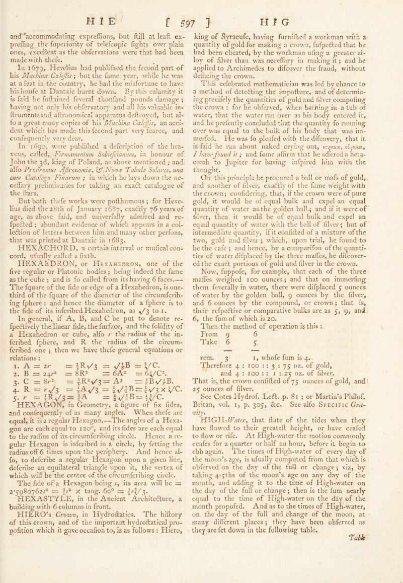 an J accommodating expreffions, but ftill at leaft ex- preffing tHc fuperiority of telefcopic fights over plain ones, excellent as the obferv'ations were that had been made with tliefe. Ill 1679, Hevelius had publlflied the fecond part of his Machhia Ca-IeJHs ; but the fame year, while he was at a feat in the country, he had the misfortune to have Iiis houfe at Dantzic burnt down. By this calam.ity it IS faid he fiidained feveral tlioufand pounds damage ; having not only his obfervatory and all his valuable in- ftrumcntsand afcrunomical apparatus deftroyed, but al- fo a great many copies of his Machhia Cocleljis, an acci- dent which has m.ade this fecond part very icarce, and confequently very dear. In 1690, were publiilied a defcription of the hea- vens, called, Firmarnentum Sohiefclanum, in. honour of John the 3d, king of Poland, as above mentioned ;■ and! alfo Prodromus Aftronom 'io'^, lAPalula Solares, una cum Catalogo F'lxarum ; in which he lays down the ne- celTary preliminaries fur taking an exadl catalogue of tlie Ibars. But both thefe w'orks w’ere pofthumous ; for Heve- lius died the 28th of January 1687, exactly 76 years of age, as above faid, and univerfally admired and re- fpeCled ; abundant evidence of which appears in a col- ledlion of letteis between him and many other perfons, that was printed at Dantzic in 1683. HEXACHORD, a certain interval or mufical con- cord, ufually called a fixth. EIEXAliDRON, or Hexahedron, one of the five regular or Platonic bodies ; being indeed the fame as the cube ; and is fo called from its having 6 faces.— The fquare of the fide or edge of a Hexahedron, is one- third of the fquare of the diameter of the circumferib- ing fphere : and hence the diameter of a iphere is to the fide of its inferibed Hexahedron, as >^3 to i. In general, if A, B, and C be put to denote re- fpedtively the linear fide, the furface, and the folidity of a Hexahedron or cube, alfo r the radius of the in- feribed fphere, and R the radius of the circum- feribed one ; then we have thefe general equations or relations : 1. A = 2r = |R\/3 = = VC. 2. B = 24r=^ = 8R^ = 6A^- = 6-VC^ 3. C = 8r2 = = A3 3= JBv'JB. 4. R = rVs = IAv'3 - -^V4B~Jv/3X VC. 5. r =1RV3=|A =IVJB--iVC. HEXAGON, in Geometry, a figure of fix fides, and confequently of as many angles. When thefe are equal, it is a regular Hv^xagon.—The angles of a Hexa- gon are each equal to 120°, and its fides are each equal to the radius of its circumferibing circle. Hence a re- gular Hexagon is inferibed in a circle, by fetting the radius off 6 times upon the peripherjx And hence al- fo, to deferibe a regular Hexagon upon a given line, deferibe an equilateral triangle upon it, the vertex of which will be the centre of the circumicribing circle. The fide of-a Hexagon being s, its area will be == 2*5980762^ ~ X tang. 60° =: W.B HEXASTYLE, in the Ancient Architedlure, a building with 6 columns in front. HIERO’s Crown, in Hydroftatics. The hiftory of this crown,- and of the importairt hydroftatical pro- pofition wdiich it gave occafion to, is as follows; Eliero, king of S}Tacufe, having furniflied a workman with a quantity ot gold for making a crown, fufpedted that he had been cheated, by the workman ufing a greater a.1- loy of filver than w^as jrecefTary in making it; and he- applied to Archimedes to difeover the fraud, without defacing the crown. T1 iis celebrated mathematician was led by chance to a method of detefting the impofture, and of determin- ing precifely the quantities of gold and filver compofing the crown : for he ohlcrved, wdien bathing in a tub of water, that the water ran over as his body entered it, and he prefently concluded that the quantity fo running over was equal to the bulk of his body that was im- merfed. He was fo pleafed with the diTcovery, that it is laid he ran about naked crying out, tvf/iKu, I have found \i; and fome affirm that he ofiered a heta- comb to Jupiter for having infpired him with the thought. On this principle he procured a ball or mafs of gold,, and another of filver, exadlly of the fame weight with the cicwn; confidering, that, if the crown were of pure gold, it would be of equal bulk and expel an equal quantity of water as the golden ball,; and if it w'ere of filver, then it would be of equal bulk and expel an equal quantity of water with the ball of'filver' but of intermediate quantity, if it confifled of a mixture of the two, gold and filva'; which, upon trial, he found to be the cafe ; and hence, by a comparifon of the quanti- ties of water difplaced by tltc three maffes, he difeover- ed the exaOt portions of gold and filver in the crown. Now, fuppofe, for example, that each of the three mafles weighed 100 ounces ; and that on immerfing them feverally in water, there w’ere difplaced 5 ounces of water by the golden ball, 9 ounces by the filver, and 6 ounces by the compound, or crowm ; that is, their refpeflive or comparative bulks are as 5, 9, and 6, the fum of which is 20. Then the method of operation is this; From 9 6 Take 6 5 rem. 3 i, whofe fum is 4.- Therefore 4 : 100 ; : 3 : 75 oz. of gold, and 4 : 100 : : i 1.2^ oz. of filver. That is, the crown confilled of 75 ounces of gold, and’ 25 ounces of filver. See Cotes Hydrof. Left. p. 81 ; or Martin’s PIuloC Britan, vol. i, p. 305, 6cc. See alfo Specific Gru- viiy. hllCjll-lPatcr, that hate of the tides when they have flowed to their greateft height, or have ceafed to flow or rife. At High-water the motion commonly ceafes for a quarter or half an hour, before it begin to ebb again. The times of High-water of every day of the moon’s age, is ufually computed from that which is obferved on the day of the full or change; viz, by taking q-yths of the moon’s, age on any day of the montli, and adding it to the time of High-water on the day of the full or change; then is the ium nearly equal to the time of High-water on the day of the month propofed. And as to the times of Fligh-watcr, on the day of the full and change of the moon, at many different places ; they have been obferved as they are fet down in the following table.. Talk