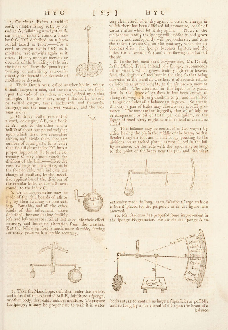 Or thus: ^Fallen a twifted cord, or fiddle-ftring, AB, by one end at A, fuftairdng a weight at B, carrying an index C round a circu- lar fcale DE deferibed on a hori- zontal board or table. For a cord or catgut twills itfelf as it moiftens, and untwiils again as it dries. Hence, upon an inertafe or decreafe of the humidity of the air, the index will fuew' the quantity of twiilincr or untwiflina-, and confe- quently the increafe or decreafe of moiflure cr drynefs. 4. Thofe Dutch toys, called weather houfes, v/here a fmall image of a man, and one of a woman, are fixed upon the ends of an index, are conftruCLcd upon this principle. For the index, being fuftained by a cord or twilled catgut, turns backwards and forwards, bringing out the man in wet weather, and the v/o- man in dry. 5. Or thus : Fallen one end of a cord, or catgut, AB, to a hook at A ; and to the other end a ball D of about one pound v;eight; upon which draw two concentric circles, and divide them into any number of equal parts, for a fcale; then fit a ftyle or index EC into a proper fupport at E, fo as the ex- tremity C may almoll touch the divffions of the ball. Here the cord twillinof or untwilling, as in the former cafe, will indicate the change of moiflure, by the fuccef- five application of the divifions of the circular fcale, as the b?dl turns round, to the index C. 6. Or an Hygrometer may be made of the thiu boards of afh or fir, by their fwelling or contract- ing. But this, and all the other kinds of this inflrument, above deferibed, become in time fenfibly lefs and lefs accurate ; till at lafl they lofe their effedl entirely, and fuffer no alteration from the weather. But the following fort is much more durable, ferviiUT for many yeai'S with tolerable accuracy. 7. Take the Manofeope, deferibed under that articlcy and inflead of the exhaufled ball E, fubflitute a fponge, or other body, that eafily imbibes moiflure. To prepare the fponge, it -may be proper firfl to wafh it in water very clean ; and, when dry again, in water or vinegar in wdiich there has been diffolved fal ammoniac, or fait of tartar ; after which let it dry again. Now, if the air become moifl, the fponge will imbibe it and grow heavier, and confeqiiently will preponderate, and turrv the index towards C ; on the contrary, when the air becomes drier, the fponge becomes liglitcr, and the index turns towards A ; and thus fnewing the flate of the air. 8. In the lafl mentioned Elygrometer, Mr. Gould, in the Pliilof. Tranf. inflead of a fpenge, recommends oil of vitriol, which grows fenfibly lighter or heavier from the degfees of moiflure in the air ; fo that being faturated in the moillefl weather, it afterwards retains or lofcs its acquired weight, as the air proves more or lefs moifl. Tire alteration in this liquor is fo great, that in tlie fpace of 57 days it has been known to change its weight from 3 drachms to 9 ; and has ftrifted a tongue or index of a balance 30 degrees. So that in this way a pair of fcales may afford a very nice H)'gro- meter. The fame author fuggefls, that oil of fulphur or campanam, or oil of tartar per deliquium, or the liquor of fixed nitre, might be ufed inflead of the oil of vitriol. 9. This balance may be contrived in two ways ; by either having the pin in the middle of the beam, with a flender tongue a foot and a half long, pointing to the divifions on an arched plate, as reprefented in the lafi figure above. Or the fcale with the liquor may be hung to the point of the beam near the jnn, and the other extremity made fo long, as to di^fcribe a large arch on a board placed for the purpoie ; as in tlie figure here annexed. 10. Mr. Ardcron has propofed fome improvement in the fponge Hygrometer. Fie dkedls the fponge A. to: be fo cut, as to contain as large a ffiperficies as pofTible^ and to hang by a fine thread of filk upon the beam of a balance