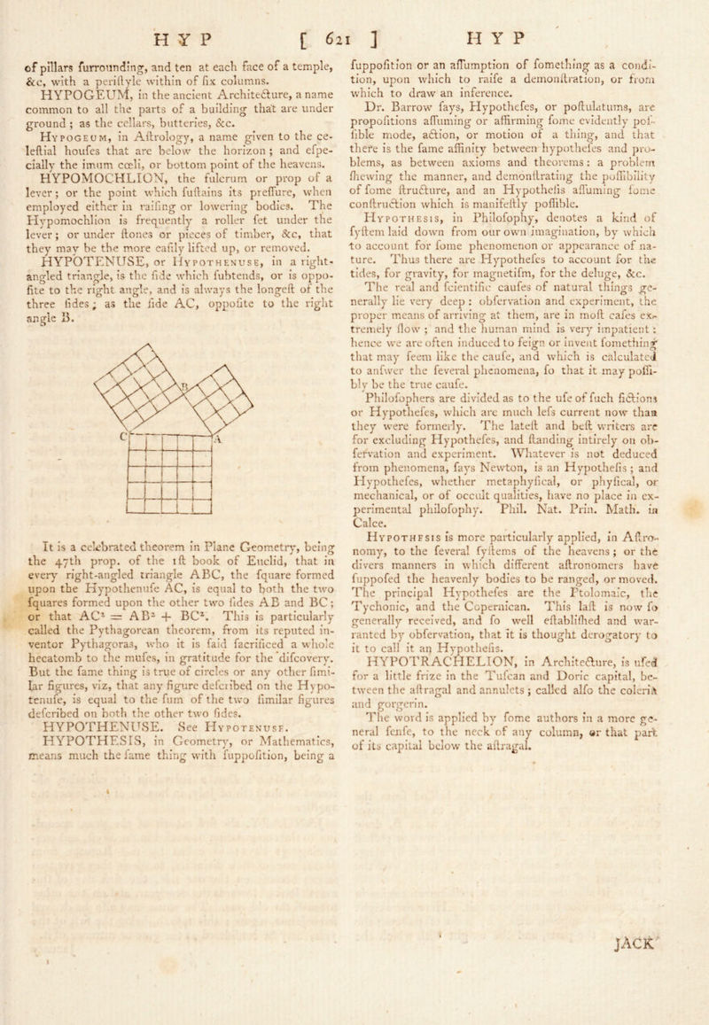 of pillars furroiinding, and ten at each face of a temple, &c, with a perihyle within of fix columns. HYPOGEUM, in the ancient Architediire, a name common to all the parts of a building that are under ground ; as the cellars, butteries, &c. Hypogeum, in Aftrology, a name given to the ce- leftial houfes that are below the horizon ; and efpe- cially the imnm coeli, or bottom point of the heavens. HYPOMOCHLION, the fulcrum or prop of a lever; or the point which fuftains its preflure, when employed either in raifing or lowering bodies. The Hypomochlion is frequently a roller fet under the lever; or under ftones or pieces of timber, 6cc, that they may be the more eafily lifted up, or removed. HYPOTENUSE, or Hypothenuse, in a right- angled triangle, is the fide which fubtends, or is oppo- hte to the right angle, and is always the longeft oi the three fides; as the fide AC, oppofite to the right angle 15. It Is a celebrated theorem in Plane Geometry, being the 47th prop, of the ift book of Euclid, that in every right-angled triangle ABC, the fquare formed upon the Hypothenufe AC, is equal to both the two fquares formed upon the other two fides AB and BC; or that AC^ = AB^ 4- BC^. This is particularly called the Pythagorean theorem, from its reputed in- ventor Pythagoras, who It is fald facrificed a whole hecatomb to the mufes, in gratitude for the difcovery. But the fame thing is true of circles or any other fimi- lar figures, viz, that any figure defcribed on the Hypo- tenufe, is equal to the fum of the two limllar figures defcribed on both the other two fides. HYPOTHENUSE. See Hypotenuse. HYPOTHESIS, in Geometry', or Mathematics, means much the lame thing with fuppofition, being a fuppofition or an afTumption of fomething as a condi- tion, upon which to raife a demonilration, or from which to draw an Inference. Dr. Barrow fay^'s, Hypothefes, or pofluLitums, are propofitions affuming or affirming fome evidently pof- lible mode, aftion, or motion of a thing, and that there Is the fame affinity between hypotheies and pro- blems, as between axioms and theorems: a problem fliewing the manner, and demonllratlng the poffibiiity of fome ftru6lure, and an Hypothefis affuming fome conftruCfion which is manlfeftly poffible. Hypothesis, In Philofophy', denotes a kind of fy'ftem laid down from our own imagination, by' which to account for fome phenomenon or appearance of na- ture. Thus there are Hy'pothefes to account for the tides, for gravity, for magnetifm, for the deluge, &c. The real and fcientific caufes of natural thinp'S gfc- nerally lie very deep : obfervation and experiment, the proper means of arriving at them, are in moft cafes ex- tremely' flow ; and the human mind is veiy impatient : hence we are often induced to feign or invent fomething that may' feem like the caufe, and which is calculated to anfwer the feveral phenomena, fo that it may poffi- bly be the true caufe. Philofophers are divided as to the ufe of fuch ficfions or Hy'pothefes, which are much lefs current now than they were formerly'. The latefl and befl writers arc for excluding Hypothefes, and Handing intirely on ob- fervation and experiment. Whatever is not deduced from phenomena, fay's Newton, is an Hypothefis ; and Hypothefes, whether metaphyfical, or phyfical, or mechanical, or of occult qualities, have no place in ex- perimental philofophy. Phil. Nat. Prin. Math, in Calce. Hypothesis is more particularly applied, in Aflro- nomy, to the feveral fyilems of the heavens ; or the divers manners in which different aftronomers have fuppofed the heavenly bodies to be ranged, or moved. The principal Hypothefes are the Ptolomaic, the Tychonic, and the Copernican. This laft is now fo generally received, and fo well eflabllffied and war- ranted by' obfervation, that it is thought derogatory to it to call it an Hy'pothefis. HYPOTRACHELION, in Architeaure, is ufcd for a little frize in the Tufean and Doric capital, be- tween the aff ragal and annulets ; called alfo the coleriA and gorgerin. The word is applied by' fome authors in a more ge- neral fenfe, to the neck of any column, or that part of its capital below the aflragal. JACK' I