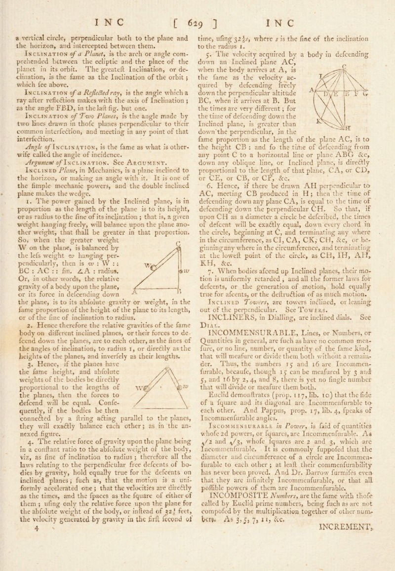 a vertical circle, perpendicular both to the plane and the horizon, and intercepted between them. Inclination of a Planet, is the arch or angle com- prehended between the ecliptic and the place of the planet in its orbit. The greatefl Inclination, or de- clination, is the fame as the Inclination of the orbit; which fee above. Inclination of a Refeded ray, is the angle which a ray after refitdlion makes with the axis of Inclination ; as the angle FBD, in thelaft fig. but one. Inclination of'T<ivo Planes, is the angle made by two lines drawn in thofe planes perpendicular to their common interfedfion, and meeting in any point of that interfedfion. Angle ^^’Inclination, is the fame as what is other- wife called the angle of incidence. Argument of See Argument. Inclined Plane, in Mechanics, is a plane inclined to the horizon, or making an angle with it. It is one of the fimple mechanic powers, and the double inclined plane makes the wedge. 1. The power gained by the Inclined plane, is in proportion as the length of the plane is to its height, eras radius to the fine of its inclination ; that is, a given weight hanging freely, will balance upon the plane ano- ther weight, that fhall be greater in that proportion. So, when the greater weight W on the plane, is balanced by the lefs weight w hanging per- pendicularly, then is w : W ; ; 13C : AC : : fin. Z.A : radius. Or, in other words, the relative gravity of a body upon the plane, or its force in defeending down the plane, is to its abfolute gravity or weight, in the fame proportion of the height of the plane to its length, or of the fine of inclination to radius. 2. Hence therefore the relative gravities of the fame body on different inclined planes, or their forces to de- feend down the planes, are to each other, as the fines of the angles of Inclination, to radius i, or dlreftly as the heights of the planes, and inverfely as their lengths, 5. Hence, if the planes have the fame height, and abfolute weights of the bodies be directly proportional to the lengths of the planes, then the forces to defeend will be equal. Confe- quently, if the bodies be then connefted by a firing adling parallel to the planes, they will exadfly balance each other; as in the an- nexed figure. 4. The relative force of gravity upon the plane being in a conflant ratio to the abfolute weight of the body, viz, as line of inclination to radius ; therefore all the laws relating to the perpendicular free defeents of bo- dies by gravity, hold equally true for the defeents on inclined planes; fuch as, that the motion is a uni- formly accelerated one ; that the velocities are direflly as the times, and the fpaces as the fquare of either of them ; ufing only the relative force upon the plane for the abfolute weight of the body, or inltead of 32^ feet, the velocity generated by gravity in the firft fecund ot 4 time, ufing 32fj*, where s is the fine of the inclination to the radius i. 5. The velocity acquired by a body in defeending down an Inclined plane AC, wdien the body arrives at A, is the lame as the velocity ac- quired by defeending freely down the perpendicular altitude BC, when it arrives at B. But the times are very different; for the time of defeending down the Inclined plane, is greater than down’the perpendicular, in the fame proportion as the length of the plane AC, is to the height CB : and fo the time of defeending from any point C to a horizontal line or plane ABO See, down any oblique line, or Inclined plane, is direclly proportional to the length of that plane, CA, or CD, or CE, or CB, or CF, 8cc. 6. Hence, if there be drawn AFI perpendicular to AC, meeting CB produced in PI; then the time of defeending down any plane CA, is equal to the time of defeending down the perpendicular CH. So that, if upon CH as a diameter a circle be defcribtd, the times of defeent will be exactly equal, down every chord in the circle, beginning at C, and terminating any where in the circumference, as Cl, CA, CK,' CH, &c, or be- ginningany where in the circumference, and terminating at the lowed: point of the circle, as CH, IH, AH, KH, dec. 7. When bodies afeend up Inclined planes, their mo- tion is uniformly retarded , and all the former laws for defeents, or the generation of motion, hold equally true for afeents, or the deftrudfion of as much motion. Inclined Ponx'ers, are towers inclined, or leaning out of tlie perpendicular. See Towers. INCLINERS, in Dialling, are inclined dials. See Dial. INCOMMENSURABI.E, Lines, or Numbers, or Quantities in general, are Inch as have no common mca- fure, or no line, number, or quantity of the fame kind, that will meafure or divide them both without a remain- der. Thus, the numbers 15 and 16 are Incommeii- furablc, becaufe, though 15 can be meafured by 3 and 5, and 16 by 2, 4, and 8, there is yet no fingle number that will divide or meafure them both. Euclid demonllrates (prop. 117, lib. 10) that the fide of a fquare and its diagonal are Incommenfurable to- each other. And Pappus, prop. 17, lib. 4, fpeaks of Incommenfurable angles. Incommensurable in Power, is faid of quantities whofezd powers, or fquares, are Incommenfurable. As ^/i and whofe Iquares are 2 and 3, which arc Incommenfurable. It is commonly fuppofed that the diameter and circumference of a circle are Incommen- furable to each other ; at lead their commenfurability has never been proved. And Dr. Barrow furmifes even that they arc infinitely Incommenfurable, or that all poffible powers of them are Incommenfurable, INCOMPOSITE Numbers, are the fame with tliofc called by Euclid prime numbers, being fuch as are not compofed by the multiplication together of other nunv bcr§. As 3,5, 7, 11, ^'C, INCREMENT,