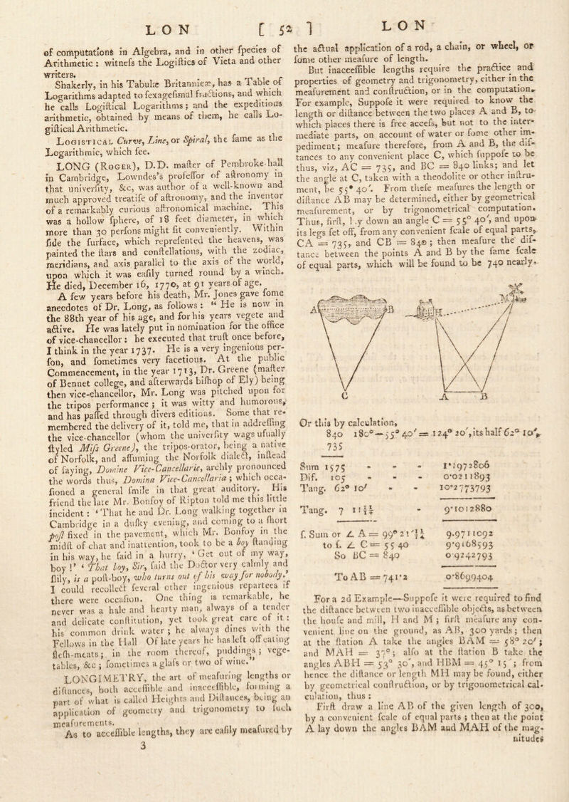 of computations m Algebra, and in other fpecies of Arithmetic : witnefs the Logiftics of Vieta and other « writers* Shakerly, in his Xabulce Britanniejc,-has a Table o-f iLogarithms adapted to fexagefimal fraiSlions, and which he calls Logiftical Logarithms j and the expeditions arithmetic, obtained by means of them, he ealL Lo- gidical Arithmetic. Logistical Curve, LlneyOx Spiral, the fame as the Logarithmic, which fee. LONG (Roger), D.D. mafter of Pembroke-hall in Cambridge, Lowndes’s profeffor of adronom^ in that univeriity, Sec, was author of a well-known and much approved treatife of aftronomy, and the inventor of a remarkably curious aftronomical machine. This was a hollow fphere, of 18 feet diameter, in which more than 30 perfons might fit conveniently. Within fide the furface, which reprefented heavens, was painted the liars and conftellations, with the zodiac, meridians, and axis parallel to the axis of the world, upon which it was ealily turned round by a winGi* He died, December 16, 1770, at 91 years of age. A few years before bis death, Mr. Jones gave fome anecdotes of Dr. Long, as follows: He is now in the B8th year of his age, and for his years vegete and aftive. He w^as lately put in nomination for the office of vice-chancellor; he executed that trull once before, I think in the year 1737. He is a very ingenious p^- fon, and fometimes very facetious. At the public Commencement, in the year 17^3> P**’ Hreene (maftei of Bennet college, and afterwards bifhop of Ely) being then vice-chancellor, Mr. Long was pitched upon for the tripos performance; it was witty and humoious,' and has palfcd through divers editions. Some that le- membered the delivery of it, told me, that in addreffing the vice-chancellor (whom the imiverfity wags ufually Ryled Mlfs Greene), the tripos-orator, being a native of Norfolk, and alfuming the Norfolk dlaledl, inilead of faying, Dotnine Vice-Cancellarie, archly pronounced the words thus, JJomina Vice-Cancellaria fioned a general fmlle In that great auditory. H‘S friend the late Mr. Bonfoy of Ripton told me this little incident; ‘ That he and Dr. Long walking togeth^ m Cambridge in a dudry evening, and coming to a Ihort poll fixed in the pavement, which Mr. Bonfoy in tlie midll of chat and inattention, took to be a hoy Handing in his way, he laid in a hurry, ‘ Get out of my way, boy '' ‘ That hoy. Sir, fald the Doaor very calmly and llily. Is a poft-boy, <wbo turns out of hh ^vay fornobody,* I could recollcdl feveral other ingenious repartees if there w^ere occafion. One thing is remarkable, he never was a hale and hearty man, always of a tender and delicate conllitution, yet took great care of it: his common drink water ; he always dines v/ith the Fellows in the Hall Of late years he has left off eating fieffi-meats; in the room thereof, puddings ; vege- tables, &c ; fometimes a glafs or two of wine.” LONGIMETRY, the art of meafuring lengths or dlfiances, both acceffible and inacceffible, forming a part of what is called Heights and Dillances, being an application of geometry and trigonometry to lueh meafurements. r 1 u As to acceffible lengths, they are eafily meafured by 3 the aftual application of a rod, a chain, or wheel, or fome other meafurc of length. But inacceffible lengths require the pradlice and properties of geometry and trigonometry, either In the meafurement and conftrudllon, or in the computationir For example, Suppofe It were required to know the length or diflance between the two places A and B, to wdiich places there is free acceis, but not to the inter- mediate parts, on account of water or fome other im- pediment ; mtafure therefore, from A and B, tne dif- tances to any convenient place C, which fuppofc 10 be thus, viz, AC — 73G snd BC = 840 links; and let the angle at C, taken with a theodolite or other inllru- ment, be 55* 4^^* from thefe meafuies the length or diftance AB may be determined, either by geometrical meafurement, or by trigonometrical computation. Thus, firll, l .y down an angle C = 55° 4^) and upoa^ its legs fet off, Romany convenient fcale of equal parts, CA = 73^,- and CB = 84® ; then meafure the dif- tance between the points A and B by the fame fcalc of equal parts, which will be found to be 74^ neaily<> Or this by calculation, 840 180° —55®4-o' 735 Sum 1575 Dif. 105 Tang. 62^ 10^ 124® 20', its half C2° I aV I*1972806 0*0211893 10*2773793 Tang. 7 f. Sum or A A: to f. Z. C So BC 99' 2 ’• '5 * 5; 40 840 To AB =±2 741*2 9*1012880 9.97T 1092 9*9168593 09242793 0*8699404 Fora 2d Example—Suppofe it were required to find the diftance between two inacceffible objects, as between the houfe and mill, H and M ; firll meafure any con- venient line on the ground, as AB, 300 yards; then at the ftation A take the angles BAM —58° 20^ ; and MxYH = 37°; alfo at the ftation B take the angles ABH = 53° 30', and HBM = 45° 15; from hence the diftance or length MH maybe found, either by geometrical conftrudlion, or by trigonometrical caL culation, thus ; Firfl draw a line AB of the given length of 300, by a convenient fcalc of equal parts ; then at the point A lay down the angles BAM and MAH of the mag- nitudes