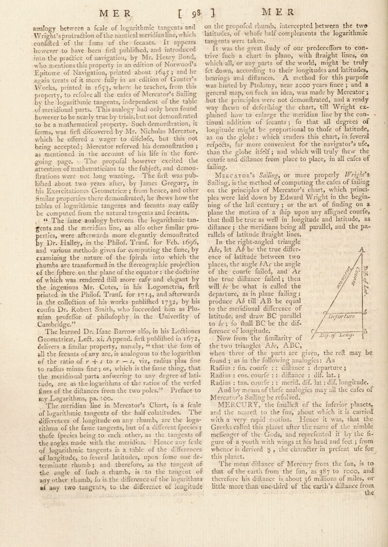 analogy between a fcale of logaritbmic tangents and Wright’s prolradtion of the nautical meridian line, which confided of the fums of the fecants. It appears however to have been hrfl piiblifhed, and introduced into the practice of navigation, by Mr. Henry Bond, v\ Iio mentions this property in an edition of Norwooa’s Epitome of Navigation, printed about 1645 j again treats of it more fully in an edition of Gunter’s \Wmks, printed in 1653, where he teaches, from ^this property, to refolve all the cafes oi Mercator’s Sailing by the logarithmic tangents, independent of the table of meridional parts. This analogy had only been found however to be nearly true by trials, but not demonftrated to be a mathematical property. Such demonftration, it feems, was firft dilcovered by Mr. Nicholas Mercator, which he offered a wager to difclofe, but this not being accepted5 Mercator referred his demonftration ; as mentioned in the account of his life in the fore- going page. • The propofal however excited the attention of mathematicians to the fubjedt, and demon- ffrations were not long wanting. The lirft was pub- liflied about two years after, by James Gregory, in his Exercitationes Geometricie ; from hence, and other imiilar properties there demonffrated, he (hews how the tables of logarithmic tangents and fecants may eafily be computed from the natural tangents and fecants. The fame analogy between the logarithmic tan- gents and the meridian line, as alfo other fimilar pro- perties, were afterwards more elegantly demonftrated by Hr. Halley, in the Philof. Tranf. for Feb. 1696, and various methods given for computing the fame, by examining the nature of the fpirals into which the rhumbs are transformed in the ffereographic projeftion of the fphere on the plane of the equator : the doHrine of which was rendered ftiil more eafy and elegant by the Ingenious Mr. Cotes, in his Logometria, ffrll printed in the Philof. Tranf. for 1714, and afterwards in the colledlion of his works publifhed I733j by his coufin Hr. Robert Smith, who fucceeded him as Plu- mian profeffor of philofophy in the Univerlity of Cambridge.” The learned Hr. Ifaac Barrow alfo, in his Lefftiones Geometricce, LeciE xi, Append, firft publilhed in 1672, delivers a fimiiar property, namely, that the fiim of all the fecants of any arc, is analogous to the logarithm of the ratio of r + j to r — s, viz, radius plus fine to radius minus fine ; or, which is the fame thing, that the meridional parts anfwering to any degree of lati- tude, are as the logarithms of the ratios of the verfed fines of the diftances from the two poles.” Preface to sny Logarithms, pa. t 00. The meridian line in Mercator’s Chart, is a fcale of logarithmic tangents of the half colatitudes. The differences of longitude on any rhumb, are the loga- rithms of the fame tangents, but of a different fpecies j thofe fpecies being to each other, as the tangents of the angles made v;ith the meridian. Hence any fcale qf logarithmic tangents is a table of the differences of longitude, to feveral latitudes, upon fome one de- terminate rhumb; and therefore, as the tangent of the angle of fueh a rhumb, is to the tangait of any other rhumb, fo is. the difference of the logarithms ef any two tangents, to the difference of longitude A on the propofed rhumb, intercepted between the two latitudes, of whofe half complements the logarithmic tangents wmre taken. It w^as the great ffudy of our predeceffors to con- trive fuch a chart in piano, with ftraight lines, on which all, or any parts of the wmrld, might be truly* fet down, according to their longitudes and latitudes, bearings and dittances. A method for this purpofc was hinted by Ptolomy, near 2000 years fmee ; and a general map, on fuch an idea, was made by Mercator ; but the principles were not demonftrated, and a ready w*ay fhewn of deferibing the chart, till Wright ex- plained how to enlarge the meridian line by the con- tinual addition of lecants ; fo that all degrees of longitude might be proportional to thofe of latitude, as on the globe : which lenders this chart, in feveral refpefis, far more convenient for the navigator’s ufe, than the globe itlclf; and which wdll truly Hew the courfe and diilance from place to place, in all cafes of failing. Mercator’s Sailing, or more properly Wright\. Sailing, is the method of computing the cafes of failing on the principles of Mercator’s chart, wdiich princi- ples were laid dowm by Edward Vv^right in the begin- ning of the laff century ; or the art of finding on a plane the motion of a fhip upon any affigned courfe, that Hall be true as well in longitude and latitude, as diftance ; the meridians being all parallel, and the pa- rallels of latitude ftraight lines. In the right-angled triangle hlc, let Kh be the true differ- ence of latitude between twm places, the angle hKc the angle of the courfe failed, and A^“ the true diftance failed; then wdll he be what is called the departure, as in plane failing : produce Ah till AB be equal to the meridional difference of latitude, and draw BC parallel to A ; lb Hall BC be the dif- ference of longitude. Now from the ffmilarity of the two triangles Ahc, ABC, wdien three of the parts are given, the reft may be. found ; as in the following analogies: As Radius : fin. courfe : : diftance : departure ; Radius : cos. courfe : : diftance : dif. lat. ; Radius : tan. courfe ; ; merid. dif. lat: dif. longitude. And by means of thefe analogies may ail the cafes of Mercator’s Sailing be refolved. MERCURY, the fmalleft of the inferior planets, and the neareff to the fun, about which it is carried with a very rapid motion. Hence it w^as, that the Greeks called this planet after the name of the nimble meffenger of the Gods, and reprefented it by the fi- gure of a youth with wings at liis head and feet; from whence is derived ^ , the charaAer in prelent ufe for this planet. The mean diftance of Mercury from the fun, is to that of the earth from the fun, as 387 to roco, and therefore his diftance is about 36 millions of miles, or little more than one-third of the earth’s diftance from the