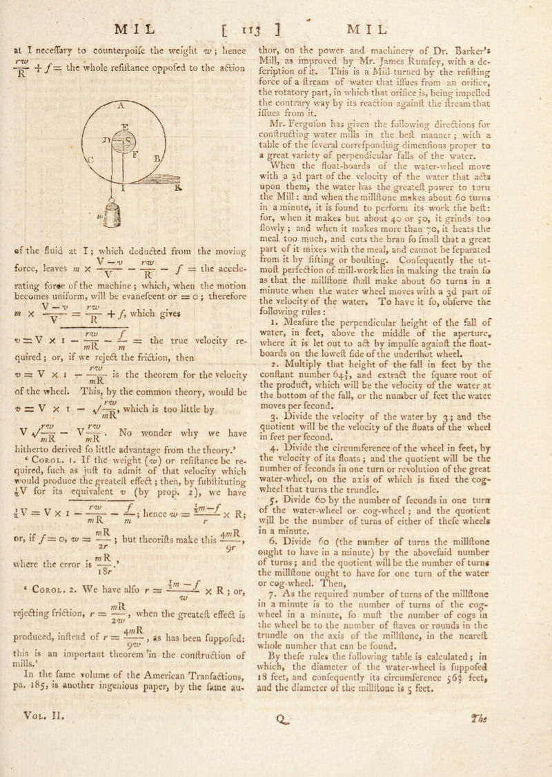 at I ncoeffary to coiinterpoife the weight w ; hence riv • f / = the whole refillance oppofed to the a(5tioii ©f the fiuid at I; which deducted from the moving r 1 V — ‘U rty lorce, leaves m x —— f — the accele- rating for*€ of the machine ; which, when the motion becomes uniform, will be evanefeent or = o ; therefore V — V r’vu m X R + /) which gives rw •0 — V XI ^ = the true velocity re- m R 7n quired ; or, if we rejedt the fridion, then •V = V XI T- •—is the theorem for the velocity of the wheel. This, by the common theory, would be *» = V X I — which is too little by .rzt) r<zo V a/—^ — V—rr-. No wonder why wc have T/iK wK hitherto derived fo little advantage from the theory.* ‘ CoROL. I. If the weight (w) or refiftance be re- quired, fuch as juft to admit of that velocity which would produce the greateft effedt; then, by fubftituting 4;V for its equivalent v (by prop. 2), we have lV=:Vx I hence ® x R; m Km r or, if o, w = ; but theorlfts make this —, 2r 9/- , , . ttjR , where the error is * l8r ‘ CoROL. 2. We have alfo r = ___ \m-f m R nv X R ; or, rejedl;ing friclion, r =1 — , when the greateft effedl is produced, inftead of r = , as has been fuppofed: this is an important theorem m the conftrudion of mills.’ In the fame volume of the American Tranfadlons, pa. 185, is another ingenious paper, by the fame au- thor, on the power and machinery of Dr. Barker*^ Mill, as improved by Mr. James Rumfey, with a de- feription of it. This is a Mill turned by the refilling force of a ftream of water that iffues from an orifice, the rotatory part, in -which that orifice is, being impelled the contrary way by its readtion againft the ftream that ifiiies from it. Mr. Fergulon has given the following diredlions for conftrudling water mills in the beft manner ; with a table of the feveral correfponding dimenfions proper to a great variety of perpendicular falls of the water. When the float-boards of the water-wheel move with a 3d part of the velocity of the water that adts upon them, the water has the greateft power to turn the Mill; and when the millftone makes about 60 turns in a minute, it is found to perform its work tlie beft: for, when it makes but about 40 or 50, it grinds too flowly ; and when it makes more than 70, it heats the meal too much, and cuts the bran fo fmall that a great part of it mixes with the meal, and cannot be feparated from it by fifting or boulting. Confequently the ut- moft perfe£lion of mill-work lies in making the train fo as that the millftone fhail make about 60 turns in a minute when the water wheel moves with a 3d part of the velocity of the water* To have it fo, obferve the following rules : 1. Meafure the perpendicular height of the fall of water, in feet, above the middle of the aperture^ where It is let out to adl by impulfe againft the float- boards on the loweft fide of the underftiot wheel. 2. Multiply that height of the fall in feet by the conftant number 64}, and extra6l the fquare root of the produdl, which will be the velocity of the water at the bottom of the fall, or the number of feet the water moves per fecond. 3. Divide the velocity of the water by 3; and the quotient will be the velocity of the floats of the wheel in feet per fecond. 4. Divide the circumference of the wheel in feet, by the velocity of its floats ; and the quotient will be the number of feconds in one turn or revolution of the great water-wheel, on the axis of which is fixed the cog- wheel that turns the trundle. 5. Divide 60 by the number of feconds in one turn of the water-wheel or cog-wheel ; and the quotient will be the number of turns of either of thefe wheels in a minute. 6. Divide 60 (the number of turns the millftone ought to have in a minute) by the abovefaid number of turns ; and the quotient will be the number of turns the millftone ought to have for one turn of the water or cog-wheel. Then, 7. As the required number of turns of the millftone in a minute is to the number of turns of the cog- wheel in a minute, fo miift the number of cogs in the wheel be to the number of ftaves or rounds in the trundle on the axis of the millftone, in the neareft whole number that can be found. By thefe rules the following table is calculated; in which, the diameter of the water-wheel is fuppofed 18 feet, and confequently its circumference feet, and the diameter of the millftone is 5 feet.