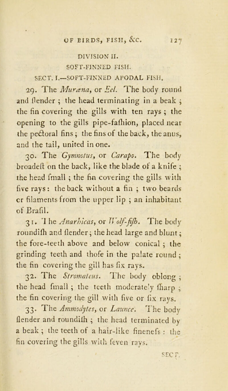 DIVISION II. SOFT-FINNED FISH. SECT. I.—SOFT-FINNED APODAL FISH. 29. The Mur ana, or Eel. The body round and (lender ; the head terminating in a beak ; the fin covering the gills with ten rays ; the opening to the gills pipe-fafhion, placed near the pe&oral fins; the fins of the back, the anus, and the tail, united in one. 30. The Gymnotus, or Carapo. The body broadeft on the back, like the blade of a knife ; the head fmall ; the fin covering the gills with five rays: the back without a fin ; two beards cr filaments from the upper lip ; an inhabitant of Brafil. 31. '1 he Anarhicas, or IVof-fiJh. The body roundifh and (lender; the head large and blunt; the fore-teeth above and below conical ; the grinding teeth and thofe in the palate round ; the fin covering the gill has fix rays. 32. The Stromateus. The body oblong ; the head fmall ; the teeth moderately (harp ; the fin covering the gill with five or fix rays. 33. The Ammodytes, or Launce. The body (lender and roundiih ; the head terminated by a beak ; the teeth of a hair-like finenefs : the fin covering the gills with feven rays. SECT.