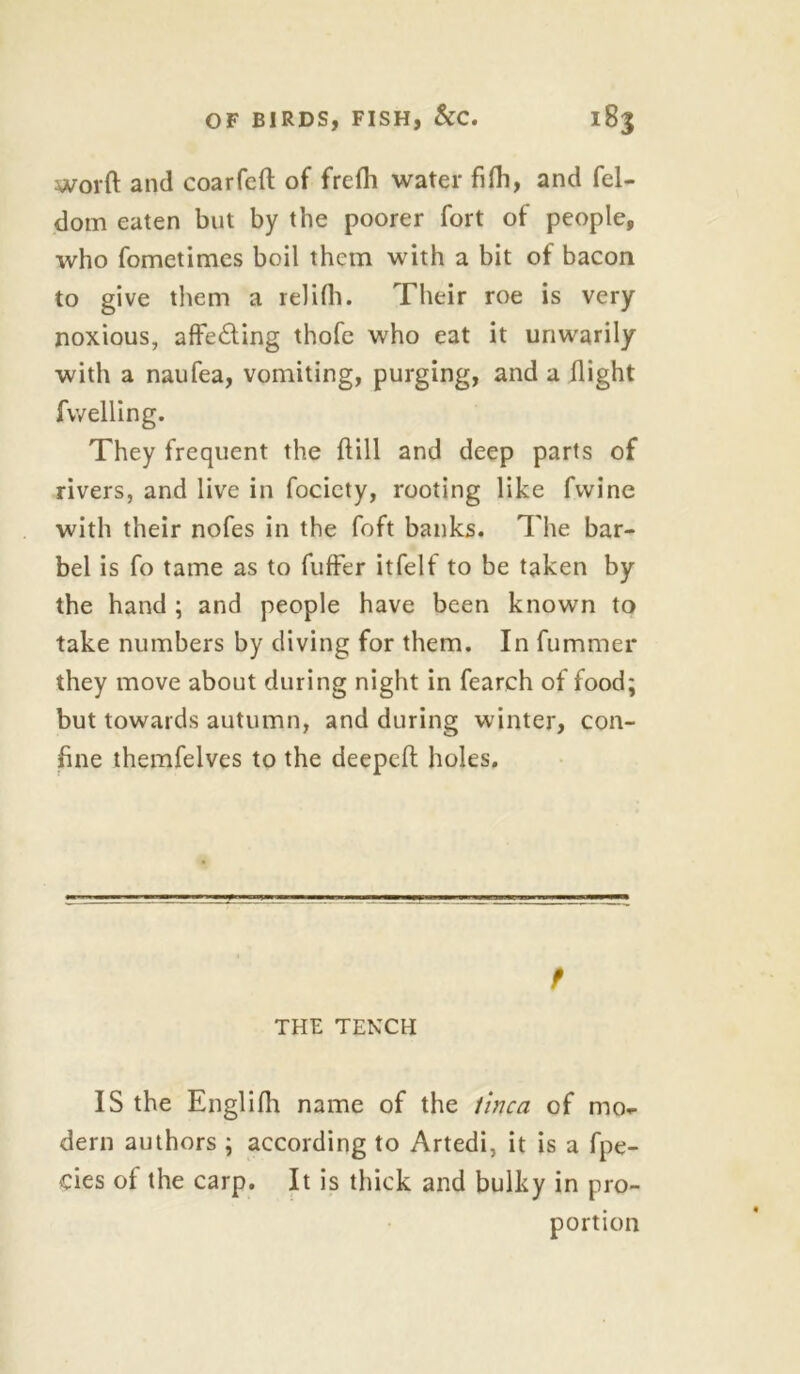 worft and coarfeft of frefh water fifli, and fel- dom eaten but by the poorer fort of people, who fometimes boil them with a bit of bacon to give them a relifh. Their roe is very noxious, affe&ing thofe who eat it unwarily with a naufea, vomiting, purging, and a flight fwelling. They frequent the ftill and deep parts of rivers, and live in focicty, rooting like fvvine with their nofes in the foft banks. The bar- bel is fo tame as to fuffer itfelt to be taken by the hand ; and people have been known to take numbers by diving for them. In fummer they move about during night in fearch of food; but towards autumn, and during winter, con- fine themfelves to the deepefl: holes. f THE TENCH IS the Englifli name of the tinea of mo- dern authors ; according to Artedi, it is a fpe- cies of the carp. It is thick and bulky in pro- portion