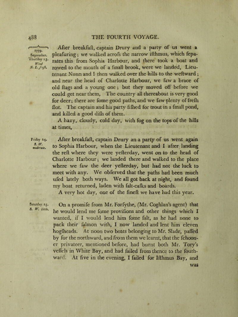 »—~^9—' After breakfaft, captain Drury and a party of us went a September. pleafuring; we walked acrofs the narrow ifthmus, which fepa- Thurfday 23. rates ^ from Sophia Harbour, and there took a boat and N.E./re/k. rowed to the mouth of a fmall brook, were we landed, Lieu- tenant Nunn and I then walked over the hills to the weft ward ; and near the head of Charlotte Harbour, we faw a brace of old flags and a young one; but they moved off before we could get near them, The country all thereabout is very good for deer; there are fome good paths, and we faw plenty of frefh flot. The captain and his party fifhed for trout in a fmall pond, and killed a good difh of them. A hazy, cloudy, cold day, with fog on the tops of the hills at times. Friday 24. After breakfaft, captain Drury an a party of us went again ^dlme. to Sophia Harbour, when the Lieutenant and I after landing the reft where they were yefterday, went on to the head of Charlotte Harbour; we landed there and walked to the place where we faw the deer yefterday, but had not the luck to meet with any. We obferved that the paths had been much ufed lately both ways. We all got back at night, and found my boat returned, laden with falt-cafks and boards. A very hot day, one of the fineft we have had this year. Saturday 25. On a promife from Mr. Forfythe, (Mr. Coghlan’s agent) that 5. pv. uni'. ke wou](j iencj me fome provifions and other things which I wanted, if I would lend him fome fait, as he had none to pack their falmon with, I now landed and lent him eleven hogfheads. At noon two boats belonging to Mr. Slade, paffed by for the northward, and from them we learnt, that the fchoon- er privateer, mentioned before, had burnt both Mr. Tory’s veffels in White Bay, and had failed from thence to the fouth- ward. At five in the evening, I failed for Ifthmus Bay, and was