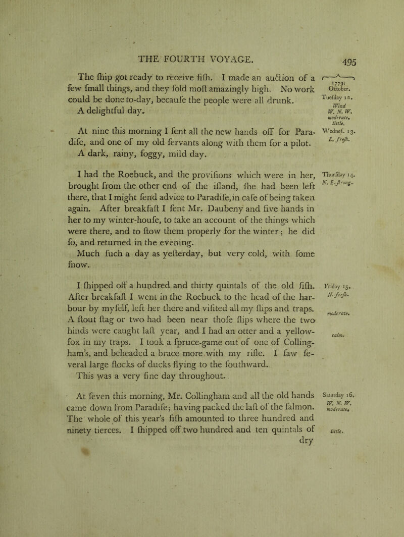 The {hip got ready to receive fifh. I made an au&ion of a few fmall things, and they fold mod amazingly high. No work could be done to-day, becaufe the people were all drunk. A delightful day. At nine this morning I fent all the new hands off for Para- dife, and one of my old fervants along with them for a pilot. A dark, rainy, foggy, mild day. I had the Roebuck, and the provifions which were in her, brought from the other end of the ifland, fhe had been left there, that I might fend advice to Paradife,in cafe of being taken again. After breakfaft I fent Mr. Daubeny and five hands in her to my winter-houfe, to take an account of the things which were there, and to flow them properly for the winter; he did fo, and returned in the evening. Much fuch a day as yefterday, but very cold, with fome fnow. I {hipped off a hundred and thirty quintals of the old fifh. After breakfaft I went in the Roebuck to the head of the har- bour by myfelf, left her there and vifited all my flips and traps. A flout flag or two had been near thofe flips where the two hinds were caught laft year, and I had an otter and a yellow- fox in my traps. I took a fpruce-game out of one of Colling- ham’s, and beheaded a brace more with my rifle. I faw fe- ver al large flocks of ducks flying to the fouthward. This was a very fine day throughout. At feven this morning, Mr. Collingham and all the old hands came down from Paradife; having packed the laft of the falmon. The whole of this year’s fifh amounted to three hundred and ninety tierces. I fhipped off two hundred and ten quintals of dry A. l779- Ottober. Tuefaay 1?.. Wind W. N. W. moderate, little. Wednef. 13. E. frtjh. Thurfday 14. N. E.Jlronir_ Friday 15. N.frejh. moderate. calm» Saturday i6» W. N. W. moderate» little.