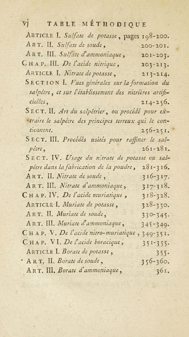 Article I. Sulfate de potasse , pages 198-100. Art. II. Sulfate de soude, 200-101. Art. III. Sulfate et ammoniaque , 201-203. C H A P. III. De facide nitrique, 203-213. Article I. Nitrate de potasse , 213-214. Section I. Vues generales sur la formation du salpêtre, et sur C établissement des nitrilres artifi- cielles, 214-256. S ECT. IL Art du salpétrier, ou procédé pour ex- ’ traire le salpêtre des principes terreux qui le con- tiennent. 256-251. S ECT. III, Procèdes usités pour raffiner le sal- pêtre 261-181. S l C T. IV. Usage du nitrate de potasse ou sal- pêtre dans la fabrication de la poudre , 281-3 16. Art. II. Nitrate de soude , A R T. III. Nitrate àt ammoniaque , C H A P. IV. De f acide muriatique , Article I. Muriate de potasse , Art. IL Muriate de soude, Art. III. Muriate etammoniaque, 316- 317. 317- 318. 318- 328. 328-330. 330345* 345-349* C H A P. V. De tacide nitro-muriatique , 349-3 5 I. C H A P. VI. De t acide boracique , Article I. Borate de potasse, 'Art. IL Borate de soude , Art. III. Borate d'ammoniaque, 3 5 x3 5 5* 3 5 5 * 3 56-360. 361.
