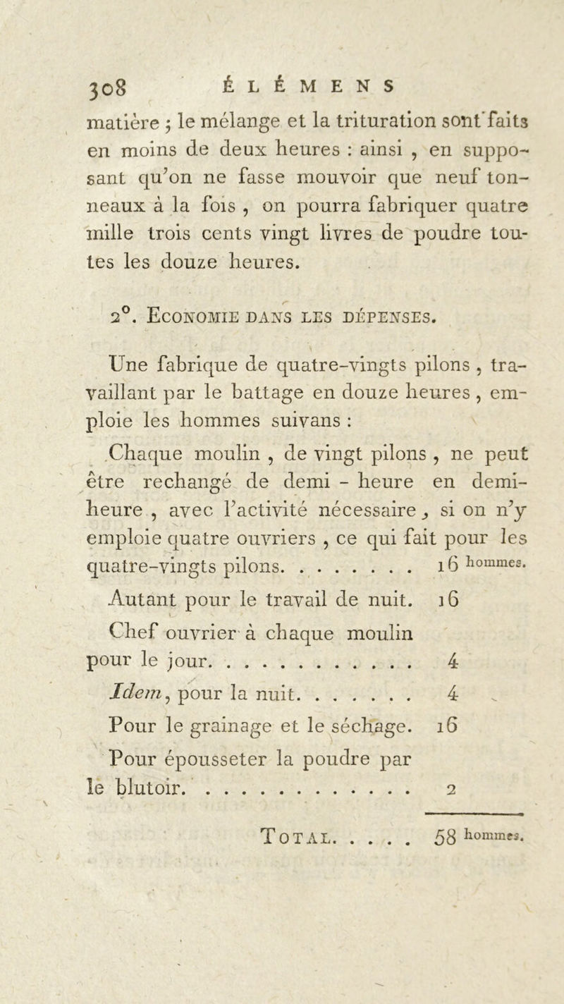 matière ; le mélange et la trituration sont’faits en moins de deux heures : ainsi , en suppo- sant cpdon ne fasse mouvoir que neuf ton- neaux à la fois , on pourra fabriquer quatre mille trois cents vingt livres de poudre tou- tes les douze heures. 2°. Economie dans les dépenses. U Une fabrique de quatre-vingts pilons , tra- vaillant par le battage en douze heures , em- ploie les hommes suivans : Chaque moulin , de vingt pilons , ne peut être rechange de demi - heure en demi- heure , avec Factivité nécessaire ,, si on n’y emploie quatre ouvriers , ce qui fait pour les quatre-vingts pilons. 16 hommes. Autant pour le travail de nuit. i6 Chef ouvrier- à chaque moulin pour le jour 4 Idem, pour la nuit 4 Pour le grainage et le séchage. 16 Pour épousseter la poudre par le blutoir 2 TOTAL 5g hommes.