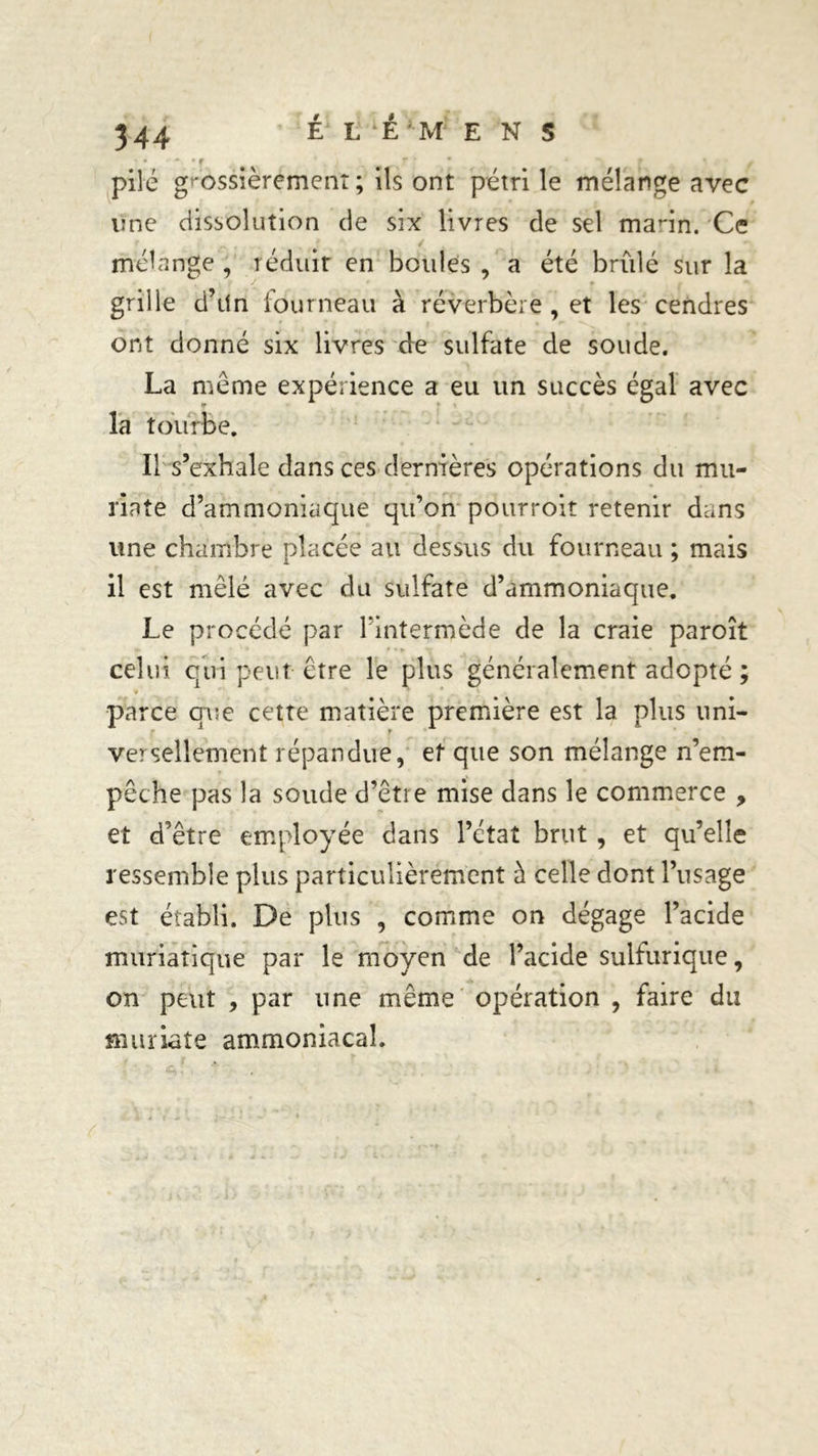 * • • * f t M pilé grossièrement ; ils ont pétri le mélange avec une dissolution de six livres de sel mann. Ce mélange , réduir en boules , a été brûlé sur la grille d’dn fourneau à réverbère , et les cendres ont donné six livres de sulfate de soude. La même expérience a eu un succès égal avec la tourbe. Il s’exhale dans ces dernières opérations du mu- l'iate d’ammoniaque qu’on pourroit retenir dans une chambre placée au dessus du fourneau ; mais il est mêlé avec du sulfate d’ammoniaque. Le procédé par l’intermède de la craie paroît celui qui peut être le plus généralement adopté ; parce que cette matière première est la plus uni- versellement répandue, et que son mélange n’em- pêche pas la soude d’être mise dans le commerce , et d’être employée dans l’état brut , et qu’elle ressemble plus particulièrement à celle dont l’usage est établi. De plus , comme on dégage l’acide muriatique par le moyen de l’acide sulfurique, on peut , par une même opération , faire du muriate ammoniacal.