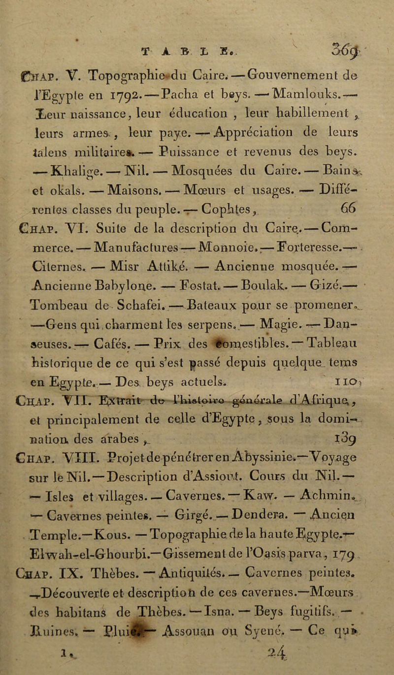 T A BL Es. SOG: €uap. V. Topographieedu Caire. —Gouvernement de YEgypte en 1792.— Pacha et beys. — Mamlouks. — Beur naissance, leur éducation , leur habillement , leurs armes:, leur paye. ——- Appréciation de leurs talens militairess — Puissance et revenus des beys. — Khalige.— Nil. — Mosquées du Caire. — Bains. et okals. — Maisons, — Mceurs et usages. — Diflé- rentes classes du peuple. — Cophtes , 66 Cuav. VI. Suite de la description du Caire. — Corh- merce. — Manufactures— Monnoie. — Forteresse.— - Citernes. — Misr Attiké. — Ancienne mosquée. — Ancienne Babylone. — Fostat. — Boulak. — Gizé.— - Tombeau de- Schafei. — Bateaux pour se promener... _ —Gens qui,charment les serpens. — Magie. — Dan- seuses. — Cafés. — Prix des Pomestibles. — Tableau feiongue de ce qui sest passé depuis quelque tems   en Kgypte.— Des beys actuelss |  IIO; CHar. ; frique, , et principalement fe celle dEgypte, sous la domi-. nation, des arabes ,. 139g Cuar. VEIT. Projetdepénétreren Abyssinie.— Voyage sur Je Nil.— Description d’Assiovt. Cours du Nil.— — Isles et villages. —Cavernes. ~ Kaw. — Achmin.__ _ Gavertnes peintes, — Girgé. — Dendera. — Ancien . Temple.—Kous. — Topographie dela haute Egypte.— Elwah-el-Ghourbi.—Gissement de l’Oasis parva, 179. Cuar. IX. Thebes. — Antiquilés. — Cavernes peintes. —-Découverte et description de ces cavernes.—Mceurs. des habitans de Thebes. —Isna. — Beys fugitifs..— Ruines, — Plui@# Assouan on Syené, — Ce quer i 24,  