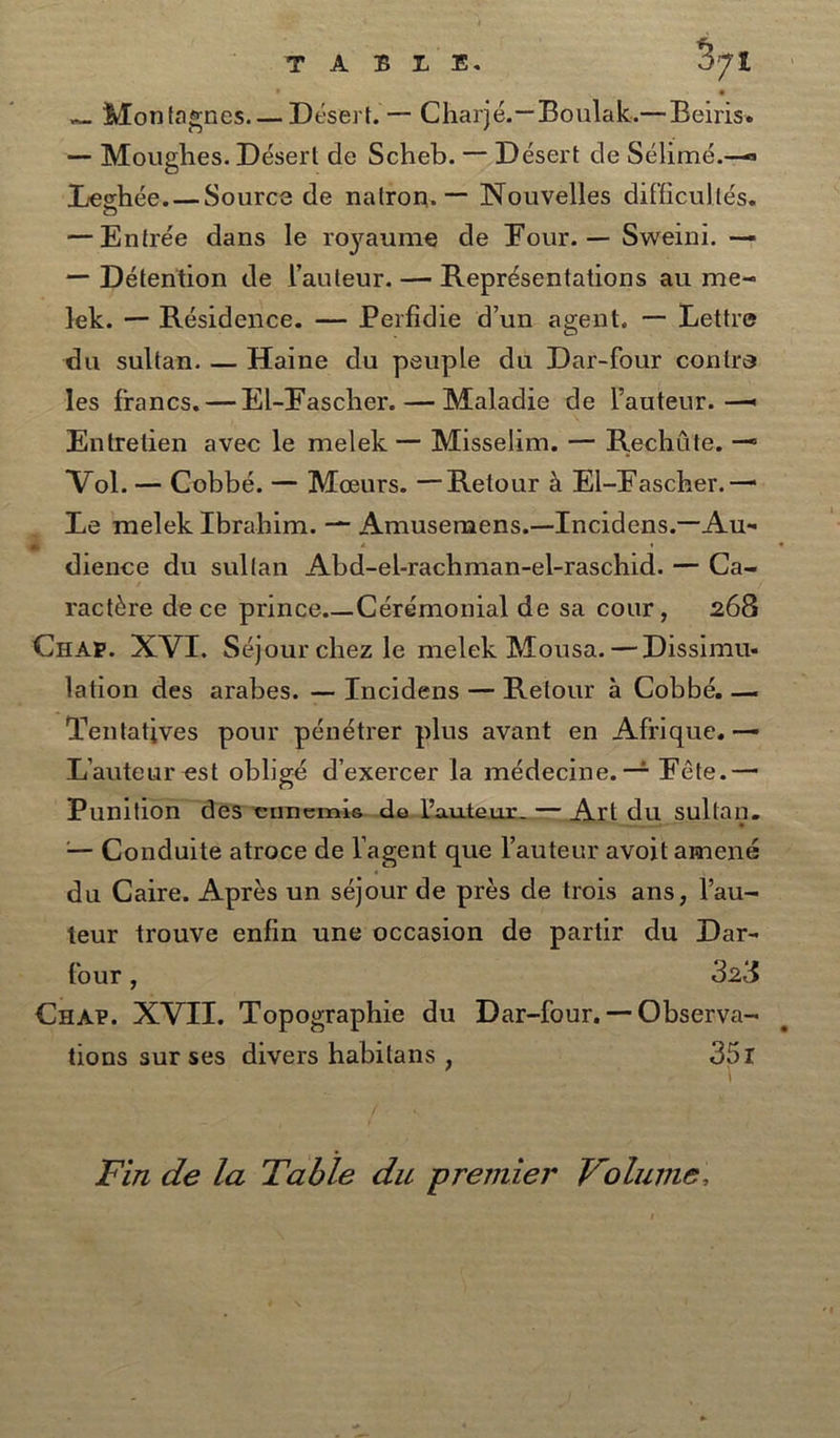 -- Montagnes. — Désert. — Charjé.— Boulak.—Beiriss — Moughes. Désert de Scheb. — Desert de Sélimé.—= Leghée.— Source de natron. — Nouvelles difficultés. — Entrée dans le royaume de Four. — Sweini. — — Détention de auteur. — Représentations au me~ ~ Jek. — Résidence. — Perfidie dun agent. — Lettre du sultan. — Haine du peuple du Dar-four contre les francs. — El-Fascher. — Maladie de Yauteur. — Entretien avec le melek — Misselim. — Rechiite. ~ Vol. — Cobbé. — Meeurs. — Retour 4 El-Fascher.—. Le melek Ibrahim. — Amusemens.—Incidens.—Au- dience du sulfan Abd-el-rachman-el-raschid. — Ca- ractére de ce prince.—Cérémonial de sa cour, 268 Cuar. XVI. Séjour chez le melek Mousa. — Dissimu- lation des arabes. — Incidens — Retour a Cobbé. — ‘Tentatives pour pénétrer plus avant en Afrique. — Lauteur est obligé d’exercer la médecine. = Féte.— Punition désvennemics.deLauteur_— Art du sultan. — Conduite atroce de lagent que l’auteur avojt amené du Caire. Aprés un séjour de prés de trois ans, Vau- teur trouve enfin une occasion de partir du Dar- four , 323 Cuar. XVII. Topographie du Dar-four.—Observa- tions sur ses divers habitans , 35T \ / Fin de la Table du premier Volume.