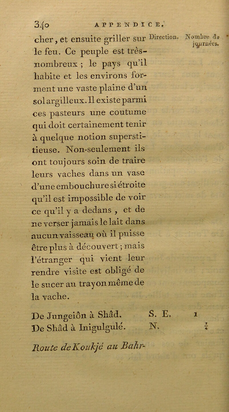 clier, et ensuite griller sur Direction, le feu. Ce peuple est tres- nombreux ; le pays qu’il liabite et les environs for- rnent une vaste plaine d’un sol argilleux. II existe parmi ces pasteurs une coutume qui doit certainement tenir k quelque notion supersti- tieuse. Non-seulement ils ont toujours soin de traire leurs vaclies dans un vase d’une embouchure si etroite qu’il est impossible de voir ce qu’il y a dedans , et de ne verser jamais le lait dans aucunvaisseau ou il puisse etre plus a decouvert; mais 1’etranger qui vient leur rendre visite est oblige de le sneer an trayonmemede la vacbe. De Jungeion a Shad. S. E. De Shad a Inigulgule. N. Route deKoukje au Ruhr- Nombre rli * jt^irnees. •M*