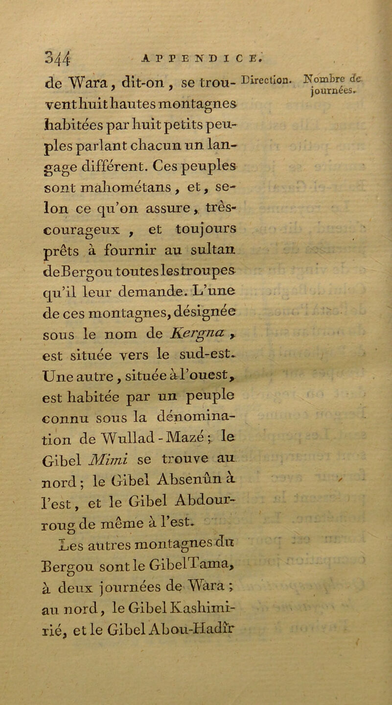 cle Warn, dit-on , se trou- Direction, vent huit hautes montagnes jhabitees par lmit petits peu- ples parlant chacun un lan- gage different. Ces peuples sont mahometans , et, se- lon ce qu’on assure, tres- courageux , et toujours prets a fournir au sultan. deBergou touteslestroupea qu’il leur demande. L’une de ces montagnes, designee sous le nom de Kergna > est situee vers le sud-est. Une autre , situee al’ouest, est habitee par un peuple connu sous la denomina- tion de Wullad -Maze le Gib el Mimi se trouve au nord ; le Gibel Absenun a Best, et le Gibel Abdour- roug de meme a 1 est. Les atitres montagnes d« Bergou sont le Gibel 1 ama, a deux journees de Wara ; au nord, le Gibel Kasliimi- rie, etle Gibel Abou-Hadir Noxnbre cfe journees.