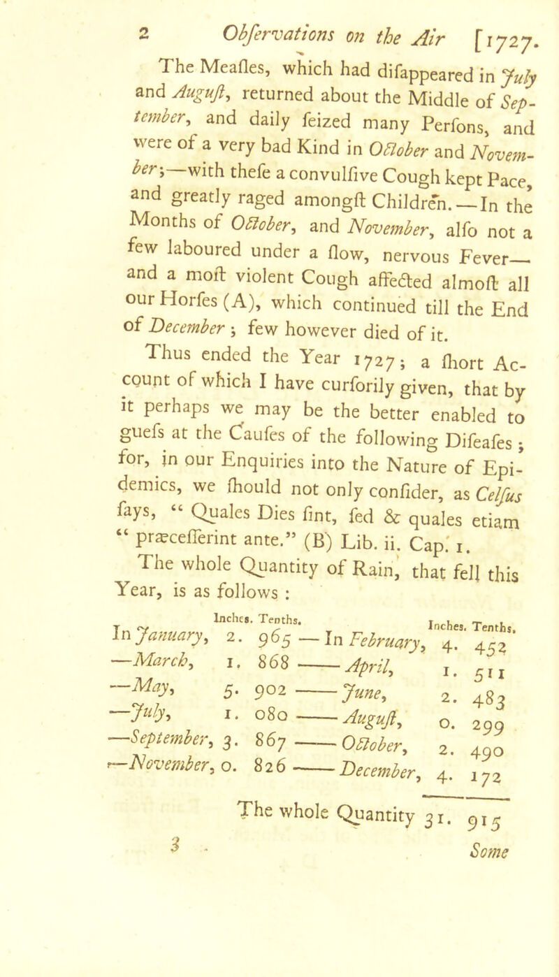 The Meafles, which had difappeared in July and Auguft^ returned about the Middle of Sep- tember^ and daily feized many Perfons and were of a very bad Kind in and With thefe a convulfive Cough kept Pace, and greatly raged amongft Childre-n. —In the Months of OMer, and November, alfo not a few laboured under a flow, nervous Fever and a moil: violent Cough affeded almofl: all our Horfes (A), which continued till the End of December j few however died of it. Thus ended the Year 1727; a fliort Ac- count of which I have curforily given, that by it perhaps we may be the better enabled to giiefs at the Caufes of the following Difeales ; for, in our Enquiries into the Nature of Epi- demics, we fliould not only confider, as Celfus fays, “ Quales Dies fint, fed & quales etiam “ pr^ceflerint ante.” (B) Lib. ii. Cap.' i. The whole Quantity of Rain, that fell this Year, is as follows ; In January, —March, i. —May, 5. —Jiiiy-, I. —September, 3. I—November, o. Inches. Tenths. 2. 965 — In February, I. 868 - 902 080 867 826 - April, ■ June, - Auguft, ■ Oblober, December, Inches. Tenths, 4- 452 1. 511 2. 483 o. 299 2. 490 4. 172 S . The whole Quantity 31. Some