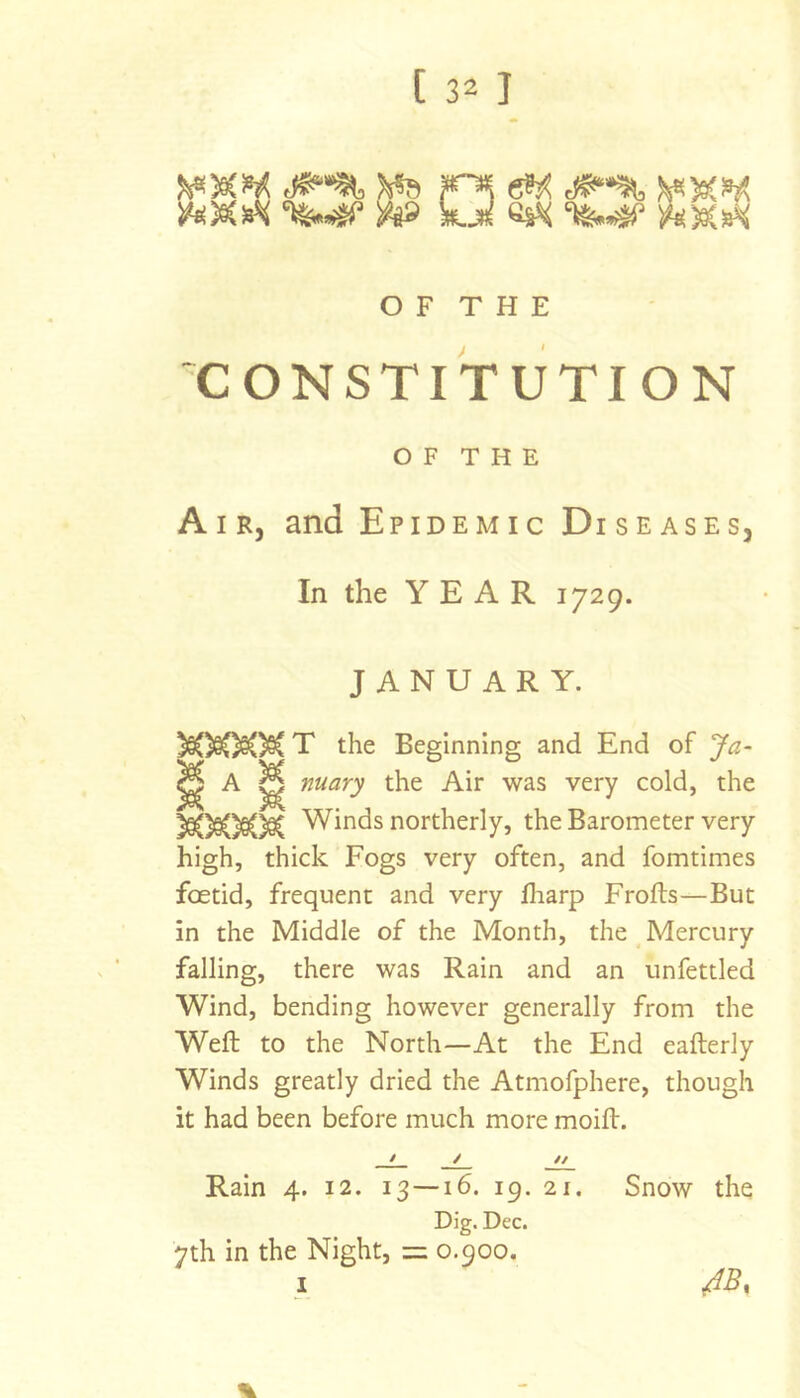 Ms O F T H E CONSTITUTION O F T H E Air, and Epidemic Diseases, In the YEAR 1729. JANUARY. )§0§0^)@( T the Beginning and End of Ja- ^ A ^ mary the Air was very cold, the )@()@0g()§( Winds northerly, the Barometer very high, thick Fogs very often, and fomtimes foetid, frequent and very lliarp Frofts—But in the Middle of the Month, the Mercury falling, there was Rain and an unfettled Wind, bending however generally from the Weft to the North—At the End eafterly Winds greatly dried the Atmofphere, though it had been before much more moift. / / // Rain 4. 12. 13—16. 19. 21. Snow the Dig. Dec. 7th in the Night, = 0.900. I