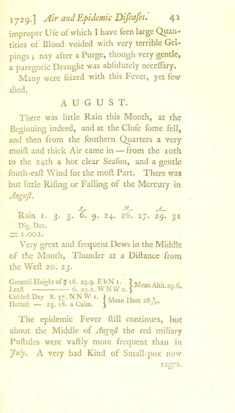 improper Ule of which I have feen large Quan- tities of Blood voided with very terrible Gri- pings •, nay after a Purge, though very gentle, a paregoric Draught was abfolutely necelTary. Many were feized with this Fever, yet few died. august. There was little Rain this Month, at the Beginning indeed, and at the Clofe fome fell, and then from the fouthern Quarters a very moift and thick Air came in — from the loth to the 24th a hot clear Seafon, and a gentle fouth-eafl: Wind for the mold Part. There was but little Rifing or Falling of the Mercury in Augiifl. / // / Rain i. 3. 5. 6. 9. 24. 26. 27. 29. 31 Dig. Dec. — 1.002. Very great and frequent Dews in the Middle of the Month, Thunder at a Diftance from the Weft 20. 23. Coldeft Day 8. 37. NNWi. ) Hotteft — 23. 18. a Calm. 5 Meaii Heat 28A- The epidemic Fever ftill continues, but about the Middle of Augufi the red miliary Puftules were vaftly more frequent than in July, A very bad Kind of Small-pox now