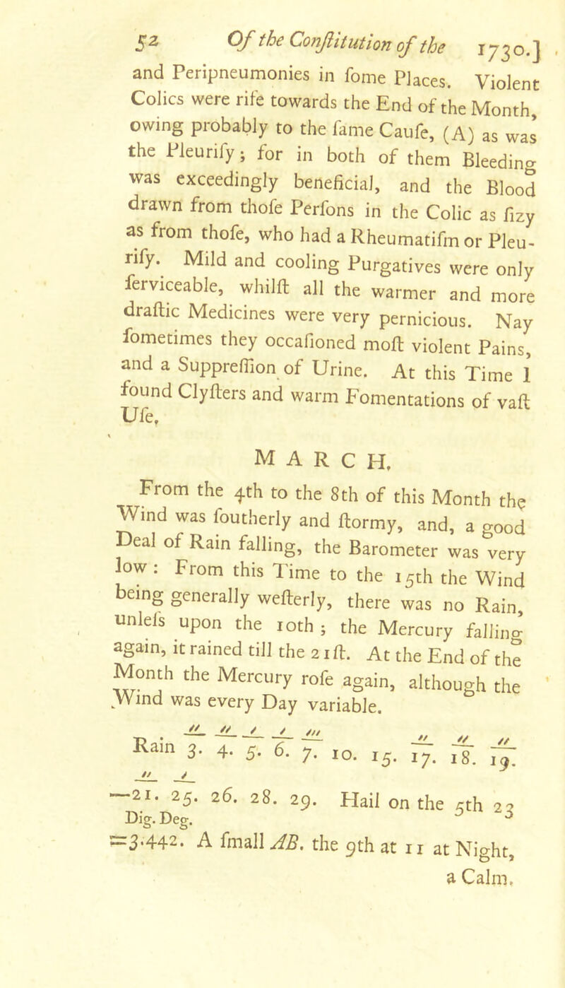 and Peripneumonies in feme Places. Violent Colics were rife towards the End of the Month owing probably to the fame Caufe, (A) as was the Pleurify; for in both of them Bleeding was exceedingly beneficial, and the Blood drawn from thofe Perfons in the Colic as fizy as from thofe, who had a Rheumatifm or Pleu- nfy. Mild and cooling Purgatives were only ferviceable, whilft all the warmer and more draftic Medicines were very pernicious. Nay fometimes they occafioned moft violent Pains, and a Supprefiion of Urine. At this Time 1 found Clyfters and warm Fomentations of vaft Ufe, march. From the 4th to the 8th of this Month the Wind was foutherly and ftormy, and, a good Deal of Ram falling, the Barometer was very low : From this Time to the 15th the Wind being generally wefterly, there was no Rain, unlels upon the loth j the Mercury falling again, it rained till the 21ft. At the End of the Month the Mercury rofe again, although the ’ Wind was every Day variable. JL. „ Rain 3. 4. 5. 5. tt / // // 18, -21. 25. 26. 28. 29. Hail on the 5th 22 Dig. Deg. ^ =3-442. A fmall AB, the 9th at ii at Night, a Calm,