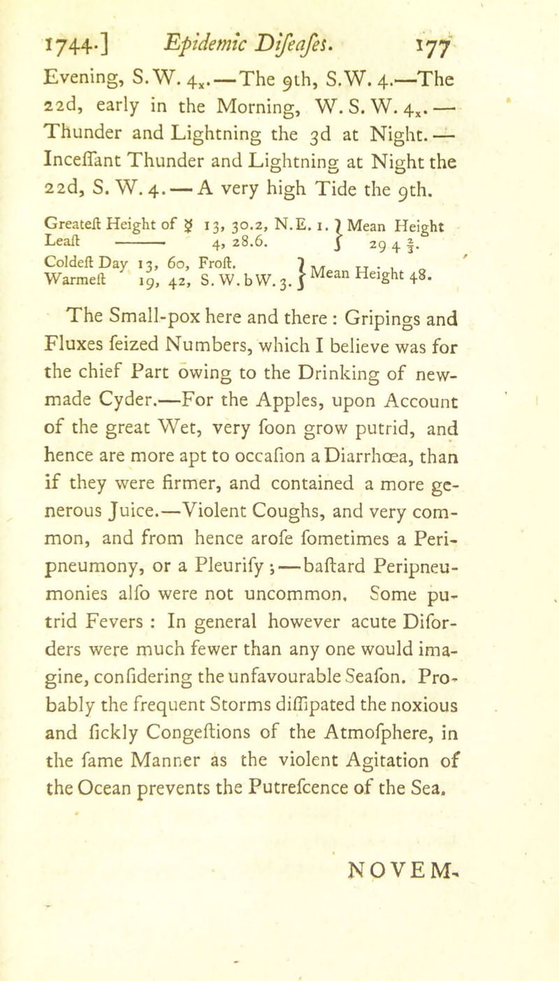 Evening, S. W. 4^.—The 91b, S.W. 4.—The 22d, early in the Morning, W. S. W. 4^.— Thunder and Lightning the 3d at Night. — Inceffant Thunder and Lightning at Night the 22d, S.W. 4. — A very high Tide the 9th. Greatefl Height of ^ 13, 30.2, N.E. i. 1 Mean Height Leaft 28.6. I 294 f. Col deft Day 13, 60, Froft. I i\/r u • l Warmeft 19, 42, S. W. b W. 3. J The Small-pox here and there : Gripings and Fluxes feized Numbers, which I believe was for the chief Part owing to the Drinking of new- made Cyder.—For the Apples, upon Account of the great Wet, very foon grow putrid, and hence are more apt to occafion a Diarrhoea, than if they were firmer, and contained a more ge- nerous Juice.—Violent Coughs, and very com- mon, and from hence arofe fometimes a Peri- pneumony, or a Pleurify •, — baftard Peripneu- monies alfo were not uncommon. Some pu- trid Fevers : In general however acute Difor- ders were much fewer than any one would ima- gine, confidering the unfavourable Seafon. Pro- bably the frequent Storms diffipated the noxious and fickly Congeftions of the Atmofphere, in the fame Manner as the violent Agitation of the Ocean prevents the Putrefcence of the Sea. NOVEM.