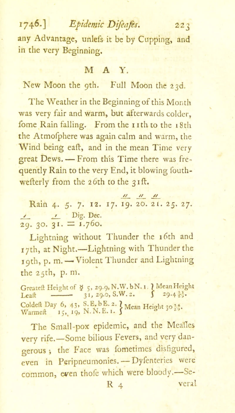 any Advantage, unlefs it be by Cupping, and in the very Beginrhing. M A Y. New Moon the 9th. Full Moon the 23d. The Weather in the Beginning of this Month was very fair and warm, but afterwards colder, fome Rain falling. From the nth to the 18th the Atmofphere was again calm and warm, the Wind being eafl:, and in the mean Time very great Dews. — From this Time there was fre- quently Rain to the very End, it blowing fouth- wefterly from the 26th to the 31ft. // // // Rain 4. 5. 7. 12. 17. 19. 20. 21. 25. 27. / / Dig. Dec. 29. 30. 31. — 1.760. Lightning without Thunder the i6th and 17th, at Night.—Lightning with Thunder the 19th, p. m. — Violent Thunder and Lightning the 25th, p. m. Greateft Height of ^ 5, 29.9, N.W. bN. i. ] Mean Height Lealf 31, 29.0, S.W.2. f 29-4H* Coldeft Day 6, 43, S.LbE. 2. ? Heiglit 30 Warmell i 5,, 19, N. N. E. 1- j ^ ^ The Small-pox epidemic, and the Meades very rife.—Some bilious Fevers, and very dan- gerous •, the Face was fometimes disfigured, even in Peripneumonies. — Dyfenteries were common, even thofe which were bloody.—Se- R 4 vcral