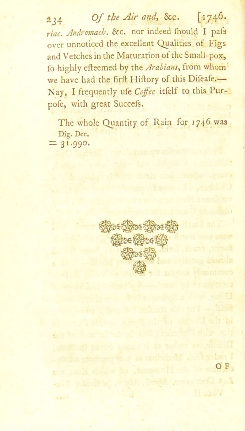 ^34 [^74^* riac. Andromach. &amp;c. nor indeed fliould I pafa over unnoticed the excellent Qualities of Figs and Vetches in the Maturation of the Small-pox, fo highly efteemed by the Arabians^ from whom we have had the firft Hiftory of this Difeafe.— Nay, I frequently ufe Coffee itfelf to this Purr pofe, with great Succefs. The whole Quantity of Rain for 1746 was Dig. Dec. — 3»-99°‘ 0‘ F