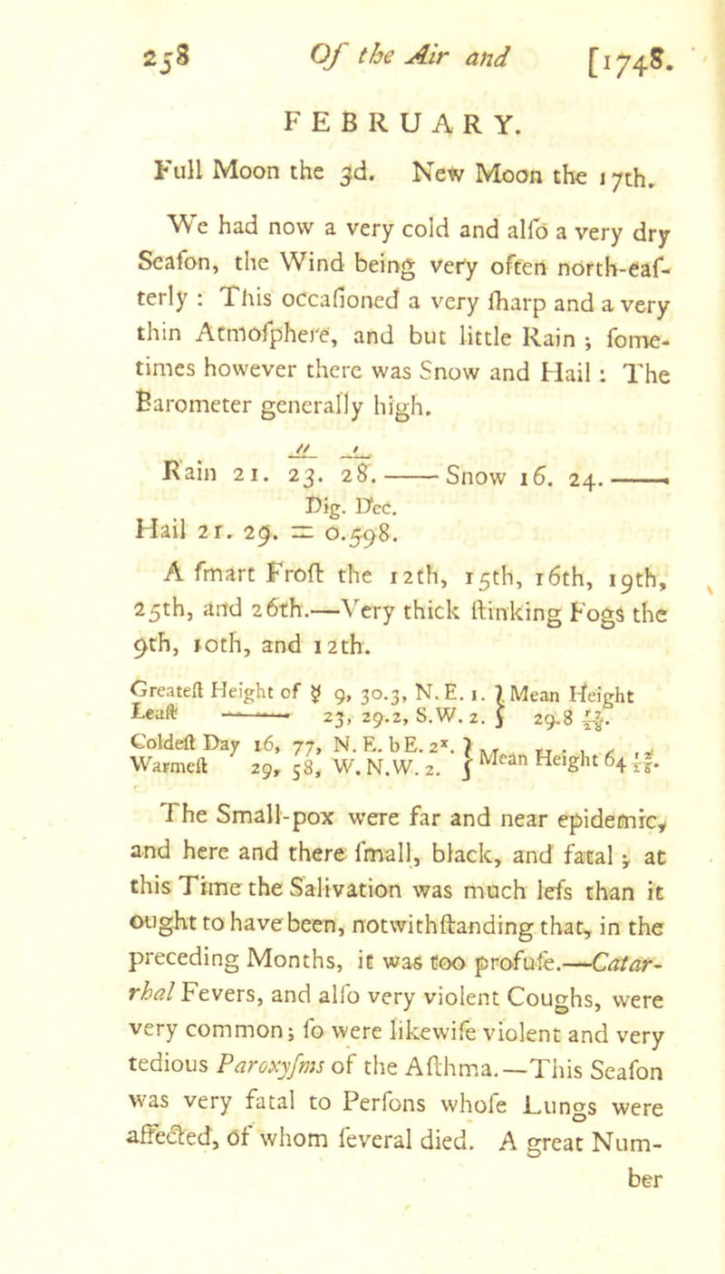 Of the Air and [174S. ■- FEBRUARY. Full Moon the ^d. Ne^ Moon the 17th. We had now a very cold and alfo a very dry Seafon, the Wind being very often north-eaf- terly : This occafioned a very fharp and a very thin Acmofphere, and but little Rain ; fonie- times however there was Snow and Hail : The Barometer generally high. // / Rain 21. 23. 28. Snow 16. 24 Dig. Dec, Hail 2r, 29. 1:1 0.598. A fmart Frofl the 12th, 15th, i6th, 19th, 25th, and 26th.—Very thick ftinking Fogs the 9th, loth, and 12th. Greateft Height of ^ 9, 30.3, N.E. i. 7 Mean Height Leaft — 23, 29.2, S.W. 2. J Warmeft 29, 58^ W. N.W. 2. j’Height 64 The Small-pox were far and near epidemic^ and here and there Imall, black, and fatal j. at this Time the Salivation was much lefs than it ought to havebeen, notwithftanding that, in the preceding Months, it was too profufe.—Catar- rhal Fevers, and alfo very violent Coughs, were very common; fo were likewife violent and very tedious Paroxyfms of the Afthma,—This Seafon was very fatal to Perfons whofe l_ungs were affecled, of whom feveral died. A great Num- ber \