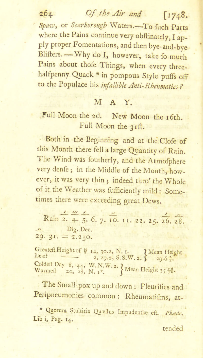 ' Spaw^ or Scarborough Waters.—To fuch Parts where the Pains continue very obftinately, I ap- ply proper Fomentations, and then bye-and-bye Bliflers. — Why do I, however, take fo much Pains about thofe Things, when every three- halfpenny Qtiack * in pompous Style puffs off to the Populace his infallible Anti-Rheumatics ? MAY. .Full Moon the 2d. New Moon the i6th. h'ull Moon the 31ft. Both in the Beginning and at the' Clofe of this Month there fell a large Quantity of Rain. I'he Wind was foutherly, and the Atmofphere very denfe ; in the Middle of the Month, how- ever, it was very thin j indeed thro’ the Whole of it the Weather was fufficiently mild : Some- times there were exceeding great Dews. Ram 2. 4. 5. 6. 7. 10. ii. 22. 25. 26. 28. -/2- Dig. Dec. 29. 31. = 2.230. Greatea Height of ^ 14, 30.2, N. i. 7 Mean Height Lcaa 2, 29.2, S.S.W.2. J 29.6I. Coidea Day 8, 44, W. N.W.z. K, ^ Warmed 20, 28, N. 1=^. | Mean Height 35 f«. The Small-pox up and down : Pleurifies and ' Peripneumonies common : Rheumatifins, at- Quorum Stultitia Quxdus Impudentia; ea. Phxdr. Lib i, Pag. 14. tended