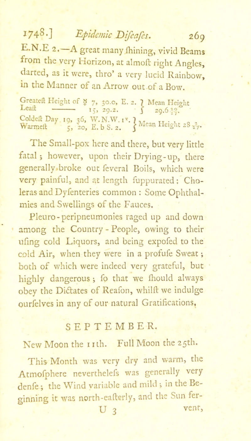 E.N.E 2. A great many Ihining, vivid Beams from the very Horizon, at almoft right Angles, darted, as it were, thro’ a very lucid Rainbow, in the Manner of an Arrow out of a Bow. Greateft Height of » 7, 20.0, E. 2. Lean ^ x'-, Golden Day 19, 36, W.N.W. 1 Warmell 5, 20, E. b S. 2. 3 Mean Height 29.6^-°-. Mean Height 28 The Small-pox here and there, but very little fatal; however, upon their Drying-up, there generally^broke out Teveral Boils, which were very painful, and at length Tuppurated; Cho- leras and Dyfenteries common : Some Ophthal- mies and Swellings of the Fauces. Pleuro-peripneumonies raged up and down • among the Country - People, owing to their ufing cold Liquors, and being expofed to the cold Air, when they were in a profufe Sweat; both of which were indeed very grateful, but highly dangerous ; fo that we fhould always obey the Didates of Reafon, whilft we indulge OLirfelves in any of our natural Gratifications, SEPTEMBER. New Moon the i ith. Full Moon the 25th. This Month was very dry and warm, the Atmofphere neverthelefs was generally very denfe •, the Wind variable and mild ; in the Be- ginning it was north-eafterly, and the Sun fer- U 3 venr.