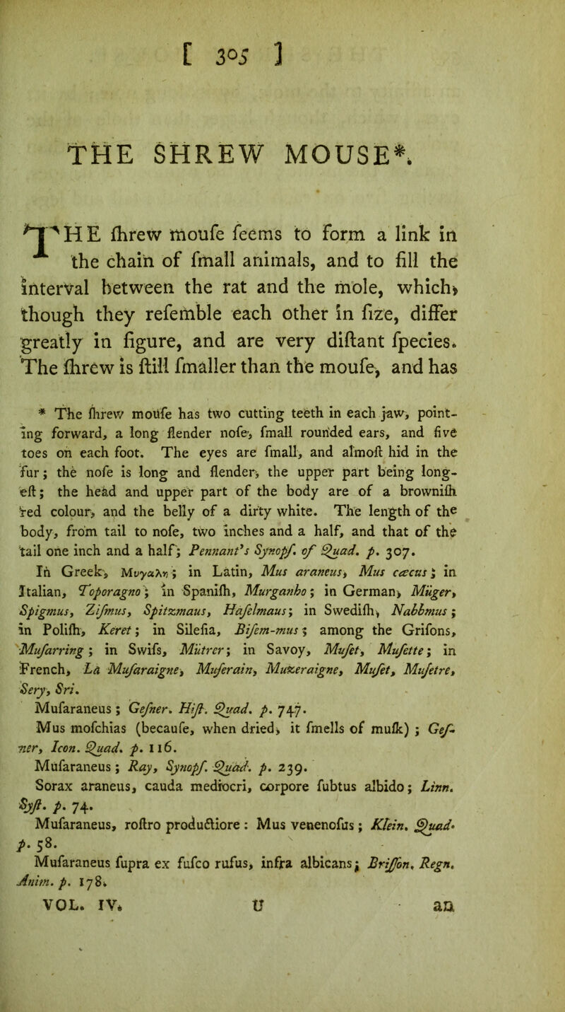 [ 3<>5 1 THE SHREW MOUSE*. * H E Threw moufe Teems to form a link in the chain of fmall animals, and to fill the interval between the rat and the mole, which» though they refemble each other in fize, differ greatly in figure, and are very diftant fpecies. The Threw is ftill fmaller than the moufe, and has * The fhrew moüfe has two cutting teéth in each jaw, point- ing forward, a long flender nofe-, fmall rounded ears, and five toes on each foot. The eyes are fmall, and aîmoft hid in the fur ; thè nofe is long and flender* the upper part being long- eft; the head and upper part of the body are of a brownifh ‘red colour, and the belly of a dirty white. The length of the body, from tail to nofe, two inches and a half, and that of the ‘tail one inch and a half ; Pennant’s Synopf. of Quad. p. 307. In Greek, Moya^r/; in Latin, Mus araneus, Mus ceecus ; in Italian, Toporagno ; in Spanifh, Murganho ; in German* Müger, Spigmus, Tiifmus, Spitzmaus, Hàfelmaus ; in Swedifh, Nabbmus ; in Polifh, Keret ; in Silefia, Bifem-mus ; among the Grifons, Mufarring ; in Swifs, Miitrer; in Savoy, Mufet, Mufette ; in ïrench. La Mufaraigtie, Muferainy Muzeraigne, Mufet, Mu/etre» Serf, Sri. Mufaraneus ; Gefner. Hift. Quad. p. Mus mofchias (becaufe, when dried* it fmells of mufk) ; Gef- Tier, Icon. Quad. p. 116. Mufaraneus ; Ray, Synopf. Quad. p. 239. Sorax araneus, cauda mediocri, corpore fubtus albido; Linn. SjJi. p. 74. Mufaraneus, roftro produ&iore : Mus venenofus ; Klein. <Quad' Mufaraneus fupra ex fufco rufus, infra albicans; BriJJbn. Regn, Anim. p. 178* p. 58. VOL. IV* Ü a a