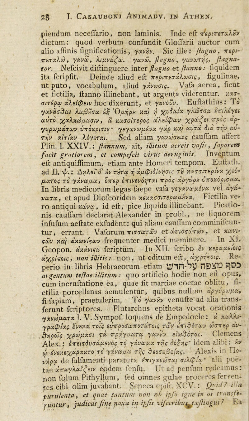 piendum neceffario, non laminis. Inde eft ^epirerxXSv dictum: quod verbum confundit doliarii auctor cum alio affinis fignificationis, yxvxv. Sic ille: jlagno, 7rspi- gtstxXoo 9 yxvu, Xi/xvx£(v, yxvuo, ftagno, yc&amp;vwTr/g, [fatua- tor. Nefcivit diftinguere inter ftagno et panno: fiquidem ita fcripfit. Deinde aliud eft 7rspnrsTukwfftg 9 figulinae, ut puto, vocabulum, aliud yxl/coaig. Vafa aerea, ficut et fictilia, ftanno illinebant, ut argenta viderentur. 7ioca- GtTepw ccXettyeiv hoc dixerunt, et yxvovv. Euftathius: io yxvrs<j$fca Xx/3xgx 'OfiiT/px ucfj y %v$xlx yX&amp;tfaot eitiXiyei qcvto fxocGiv, x kxggir&amp;pog ol\el(pcvy X9^'^el ir90<* cc9~ yvpcopLXTMV VTTOKpiGiv * yeyxvojpiivx yxp KCtf xvtx 6ix ttjv xv- rrjv otlrfocv Xiyerxi. Sed aliam yxvcuGsag cauffam aifert Plin. 1. XXIV.: pannum, ait, illitum aereis vajis, faporem facit gratiorem, et compefcit virus aeruginis. Inveptum eft antiquiftimum, etiam ante Homeri tempora. Euftath. ad II. ■vf'.: AtjXqT<T ev rarw v, oc/xtpidlvyoig rx KxGGiTepivs %ev- pixrog to yxvcejxx, 07r&amp;p emvevoTjtxi Ttpog xpyvpa viroxopicru-x. In libris medicorum legas faepe vafa yeyxvcv/xivoc vel xyx- vwtx, et apud Diofcoridem ycexxGGiTepwptevx. Fictilia ve- ro antiqui ncevco, id eft, pice liquida illinebant. Picatio- nis cauffam declarat Alexander in probi., ne liquorem infufum aeftate exfudbnt: qui aliam cauffam comminiicun- tur, errant. Vaforum ttiggcctoov et xttsggcvtmv, et kojvi- swv ncfj xxcvviscuv frequenter medici meminere. In XI. Geopon. otxxvizx fcriptum. In XII. fcribo ev Kepxueiou; d%9lm<; 9 non illitis: non, ut editum eft, a^^Vo^. Re- perio in libris Hebraeorum etiam argentum teftae illitum: quo artificio hodie non eil opus, cum incruftatione ea, quae fit martiae coctae oblitu, 11- ctilia porcellanas aemulentur, quibus nullum xpyvpxux, 11 fapiam, praetulerim. To' yxvxv venufte ad alia trans- ferunt fcriptores. Plutarchus epitheta vocat orationis yxvoofJLXTx 1. V. Sympof. loquens de Empedocle: g xxXki- ypxOfxg ev&amp;xoc roTg ev7rpoGocnroTxToig rcvv £tci§£toqv wcnt&amp;p xv- SijpoTc ^peopxGi tx 'wpxyixxTx yxvxv elcvScroc. Clemens Alex.: i7TEiGtiv<fxpL8vog to yxveojLix rrjg foZyg' idem alibi: ev Jj iv&amp;K&amp;%x9xxT° to yxvcolix T7jg SsoGsjSefotc* Alexis in Tlo- vyjpx de falfamenti paratura enlyxvcocxf GiXCfly' a1 ii poe- tae xxxyXxt^eiv eodem fenfu. Ut ad penfum redeamus: non folum Pithyllum, fed omnes gulae proceres ferven- tes cibi olim juvabant. Seneca epift. XCV.: Qpnd ? i!:a purulenta, et quae tantum non ab ipfo ignei» os transfe- runtur, judicas Jtne noxa in ipjis vifceribus^exjhngui 1 Ea