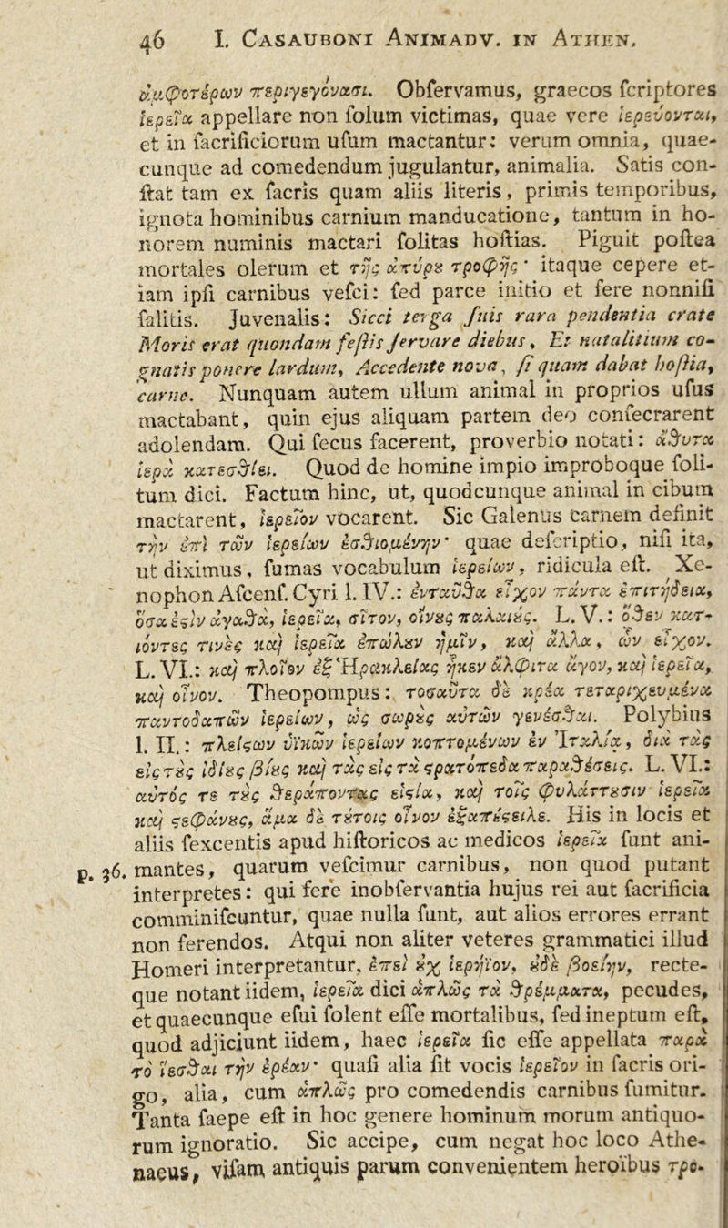 dfitporipuv tcepiyeylvatru Obfervamus, graecos fcriptores hp&amp;Toc appellare non folum victimas, quae vere lepevovTut, et in facrificiorum ufum mactantur: verum omnia, quae- cunque ad comedendum jugulantur, animalia. Satis con- fiat tam ex facris quam aliis literis, primis temporibus, ignota hominibus carnium manducatione, tantum in ho- norem numinis mactari folitas hoftias. Piguit poftea mortales olerum et rijt; xrupx rpo(f)ij<;' itaque cepere et- iam i pii carnibus vefci: fed parce initio et fere nonnili falitis. Juvenalis: Sicci terga fuis rara pendentia crate Moris erat quondam fefiis Jervare diebtts, Et nat alitium co- gnatis ponere lardum, Accedente nova, fi quam dabat J)of}iay 'came. Nunquam autem ullum animal in proprios ufus mactabant, quin ejus aliquam partem deo confecrarent adolendam. Qui fecus facerent, proverbio notati: aiSurct iepee xxtsgSIsi. Quod de homine impio improboque foli- tum dici. Factum hinc, ut, quodcunque animal in cibum mactarent, i&amp;psiov vocarent. Sic Galenus carnem definit TTjv tTtt toov iepeicvv naijftotu8U7jy‘ quae delet iptio, nili ire, ut diximus, fumas vocabulum kpstav, ridicula eft. ,Xe- ' nophon Afcenf.Cyri 1. IV.: ivrxvSx fI%qv nrxvrx ijriryisiK, besx kfiv xyxSx, lspe?x> <tTtov9 olvsss vxAxitg. L. V.: opsvxxr* iovtsq rr/sc udj ispeTx irdikssv rjfxTv > 1toij xk\x> di/ s7%ov. L. VI.: ncLj 7rXoTbv i£'H.p$xkstxQ tjk&amp;v x\(pirci uyov, xoij lep&amp;Tx, Kcij dtvov. Theopompus: tovxvtx dg xpice TSTxpixevfiivx TtctvToSxituov Ispsiwv 9 wq occpag xvtcov ysvscSjxi. Pol]) bius 1. II.: nXeteciw vXttuv hpsitav Koicrofiivtov sv 'IrxXix, 6ici rx$ eigrxg lites fitaQ ncij rxgslgrx gpxTOTtsbxTrxpx^iasig. L. VI.: uvt6c rs risg ftgpxicovrxg eUlx9 noij roTg <Pv\citt%giv ispeTx xcij <?g(pxvxg, Sifix Sh THTOig dtvov sgxici^eiXs. His in locis et aliis fexcentis apud hiftoricos ae medicos ispeTx funt ani- 56. mantes, quarum vefeimur carnibus, non quod putant interpretes: qui fere inobfervantia hujus rei aut facrificia comminifeuntur, quae nulla funt, aut alios errores errant non ferendos. Atqui non aliter veteres grammatici illud Homeri interpretantur, erei l&amp;pfiov, «de fioslyjv, recte- que notant iidem, ispsTot dici xyrXoeg rx SpippixTx, pecudes, et quaecunque efui folent effe mortalibus, fed ineptum eft, quod adjiciunt iidem, haec lep&amp;Tx fic effe appellata rxpx ro ha&amp;xt rrjv kpixv' quali alia iit vocis lepeTov in facris ori- go, alia, cum xirkuQ pro comedendis carnibusfumitur. Tanta faepe eft in hoc genere hominum morum antiquo- rum ignoratio. Sic accipe, cum negat hoc loco Athe- naeus, vifem antiquis parum convenientem heroibus r^e-