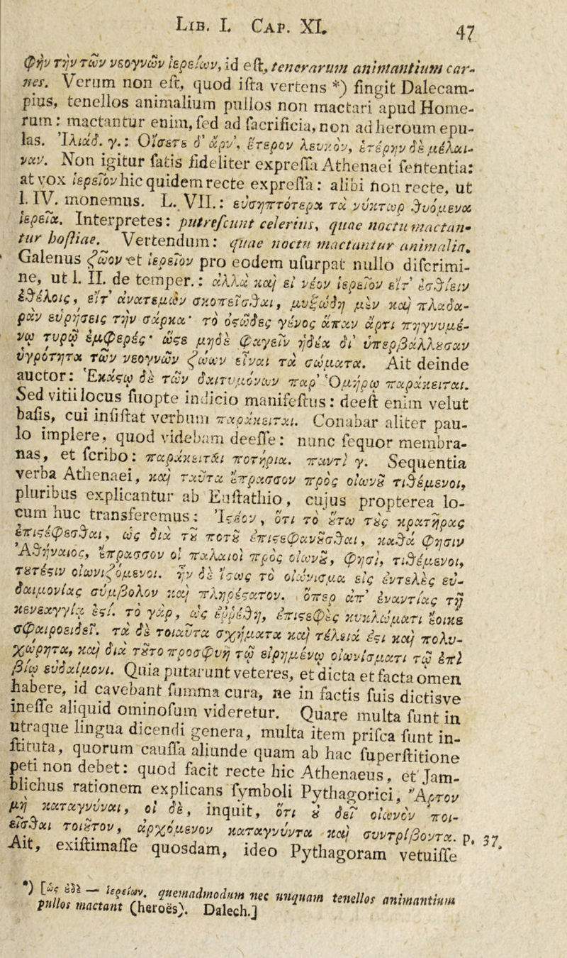 $r‘J rriv TLVV vsoyvcop lepeiccv, id e fi:, tenerarum animantium car~ jies. Ver 11 m non eu, quod iita vertens *) fingit Dalecam- pius, tenellos animalium pullos non mactari apudHome- ram.» mactan tur enim, fed ad lacrificia, non ad heroum epu- las. IAiad1. y.: Oia&amp;rs 6 xpv, srepoy ksvxoy, trspyy Se /uiiXui* vxv. Non igitur fatis fideliter exprefla Athenaei'fefltentia: at vox lepeTovhic quidem recte ex preli a: alibi fion recte, ut TY* m°nemUS* L..VII.: SVCTJTTTOTepX TX VVILTiVp dvOfteVOC i&amp;peix. Interpretes: putrefiunt celerius, quae noctu mactari• tur hofliaeV ertendmn: quae noctu mactantur animalia. ^ &amp;IQ*/ pro eodem ufurpat nullo diferimi- ne, ut 1. II. de temper.: d\Xd xa) ei vtov UpeTw e'ir hSkiv s’It dvctTs/1'h axorttaSca, pdv xa) rkxix. pxu evp^eie T7jv adpxcf ro ofdie; yivos olrxv apri xxyvvui- Pft! Tvpip tujs nyie $xyew ojidx ii wrepfidXXuGxu ^. r' r ‘t\  ^ ^ ‘7'X i TOC gwjaxtx. Ait deinde auctor: Exxzcy 6e revy dxtrv;ioyaru nrctp 'Opojpop rxpxxeirxi. oed vitii locus fuopte indicio manifeftus: deeft enim velut bafis, cui in fi Itat verbum irxpxxsirxt. Conabar aliter pau- lo implere, quod videbam deefle: nunc fequor membra- nas/ Jcribo. TTGcpxKiiT&amp;i rrcrrptx. rrxvr] y. Sequentia \eiDa Atnenaei, xoq rxvrcc. cTpxoaoy irpog oicuyS Ti$episvoif pluribus explicantur ab Euflathio, cujus propterea lo- cum nue tianafeicmus; Izscy y ori ro zrcv rxg ypxrjjpxg ** Slx T* rCT« frmpttvSricu, uxdd (pyoiv AZhjvxiog, tirpciovov ol^rxkxio} irpog otccv£, (p7j<j}f Ti&amp;dpsm, T/Te?lVf vwgofMOt. ijy tb hcvg ro otivictux elg evr&amp;keg eu- aotifiovhc avfi/3okov notj ir/^pirccroy. oirsp aV IvolvtUq rij xsysxyylp h/. royxpfccg^jf i^e^g yvyAe^xri Uiue uCpociposiSei • rx Se toixvtcc axvptxrx xct) re/.six d?i ncy nolv- XPMTOt, xcq dixTxroirpoaupvyj rw elpr^evep oimia/uxTi ru iri gtfpsvdxiflojtt. Quia putarunt veteres, et dicta et facta omen habere id cavebant fumma cura, ne in factis fuis dictisve meile aliquid ominofum videretur. Quare multa funt in Utraque lingua dicendi genera, multa item prifea funt in- itituta, quorum cauffa aliunde quam ab hac fuperftitione peti non debet: quod facit recte hic Athenaeus, et jam- blichus rationem explicans fymboli Pythagorici, ’'Aorov M xxrxyvvyxi, oi Sk, inquit, ori « Se? o/WoV '\oi- eur^ai rortrov, upxiueyoy Har*yvwT* xct> GvvTplfSoyrx. p. 37 , exiflimaife quosdam, ideo Pythagoram vetuifle ’bd/Vd^d;rfheroisrrfDatrh.r mqmm Ut]hS mimantiHM