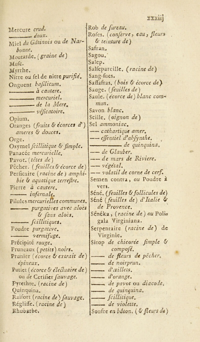 22X1 IJ Mercure crud, „ _ doux. Ivlicl du CrdtiuoLS ou de Uai — bonne. Moutarde, [graine de) Mufc. Myrrhe. Nitre ou Tel de nitre purifié. Onguent bafdicum. « a. cautère. mercuriet. . de la Mere. . vèficatoire. Opium. Oranges {fruits & écorces cP ) amer es & douces. Orge. Oxymel fcillitique & fimple. Panacée mercurielle. Pavot. ( têtes de ) Pêcher. ( feuilles & écorce de) Pcrficaire ( racine de } amphi- bie & aquatique terrefire. Pierre à cautere. infernale. Pilules mercurietles communes. purgatives avec aloes & fans alocs. fcillitique s. Poudre purgative. vermifuge. Précipité rouge. Pruneaux [petits) noirs. Prunier (écorce & extrait de) épineux. Putiet ( écorce & élecluaire de ) ou de Ceriher Jauvage. Pyrethre. (racine de) Quinquina. Raifort (racine de) fauvagC. Réglitîc. (racine de) Rhubarbe. ■ Rob de fureau. Rofes. (conferve, eau 3 fleurs & teinture de ) Safran. Sagou.' Salep. Salfeparcillc. (racine de) Sang-fues. Saflafras. (bois & écorce de) Sauge, (feuilles de) Saule. (écorce de) blanc com•* mun. Savon blanc. Scille. (oignon de) Sel ammoniac. cathartique amer. ejjentiel d’abfynthc. —-—. de quinquina. de Glauber. de mars de Riviere. végétal. volatil de corne de cerf. Semen contra, ou Poudre à vers. Séné, (feuilles & follicules de) Scnc (feuilles de) d’Italie if de Provence. Sénéka , ( racine de ) ou Poli? gala Virginiana. Serpentaire (racine de) de Virginie. Sirop de chicorée fimple & compofé. de fleurs de pêcher. de noirprun. — d’oeillets. d’orange. de pavot ou diacode. de quinquina. —. fcillitique. — de violette. Soufre en bâton. ( 6’ fleurs de)