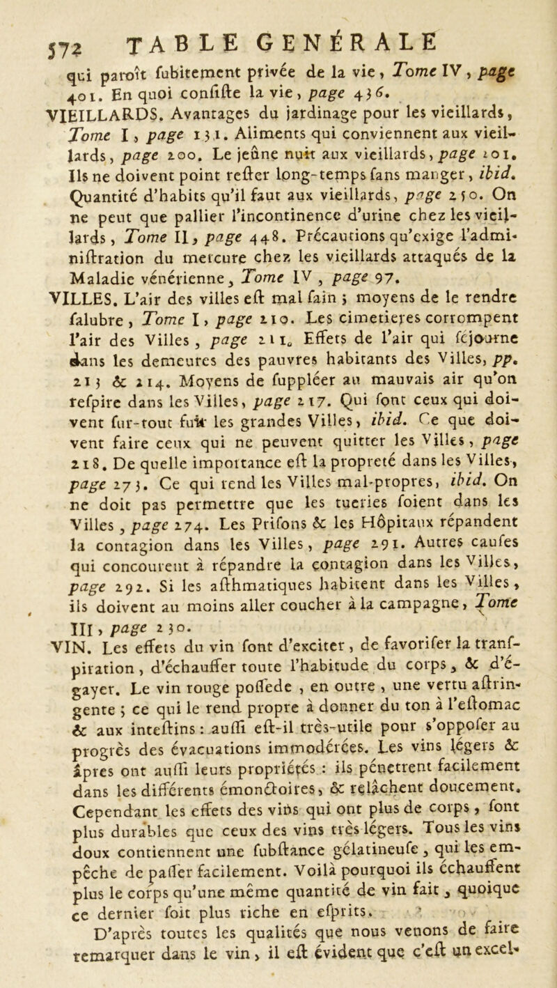 qui paraît fubitemcnt privée de la vie, Tome IV, page 401. En quoi confifte la vie, page 436. VIEILLARDS. Avantages du jardinage pour les vieillards, Tome I, page 13 ,1. Aliments qui conviennent aux vieil- lards, page zoo. Le jeune nuit aux vieillards, page 101. Ils ne doivent point refter long-temps fans manger, ibid. Quantité d’habits qu’il faut aux vieillards, page 230. On ne peut que pallier l’incontinence d’urine chez les vieil- lards, Tome II y page 448. Précautions qu’exige l’admi* niflration du mercure chez les vieillards attaqués de 1a Maladie vénérienne 3 Tome IV , page 97. VILLES. L’air des villes eft mal fain j moyens de le rendre falubre , Tome I, page 110. Les cimetières corrompent l’air des Viiles , page zn0 Effets de l’air qui fejourne dans les demeures des pauvres habitants des Villes, pp. 213 & z 14. Moyens de fuppléer au mauvais air qu’on refpire dans les Villes, page 217. Qui font ceux qui doi- vent fur-tout fufc les grandes Villes, ibid. Ce que doi- vent faire ceux qui ne peuvent quitter les Villes, page 218. De quelle importance eft la propreté dans les Villes, page 17 3. Ce qui rend les Villes mal-propres, ibid. On ne doit pas permettre que les tueries foient dans les Villes , page 274. Les Prifons &c les Hôpitaux répandent la contagion dans les Villes, page 291. Autres caufes qui concourent à répandre la contagion dans les Villes, page 292. Si les affhmatiques habitent dans les Villes, ils doivent au moins aller coucher à la campagne, Tome III > page 2 30. _ * r \ VIN. Les effets du vin font d’exciter , de favorifer la trans- piration , d’échauffer toute l’habitude du corps 3 & d’e- gayer. Le vin rouge poflede , en outre , une vertu aftrin- gente ; ce qui le rend propre à donner du ton à l’ellomac & aux inteifins : aufïi eft-il très-utile pour s’oppoler au progrès des évacuations immodérées. Les vins légers &c apres ont aufïi leurs propriétés : ils pénètrent facilement dans les différents émonétoires, ôc relâchent doucement. Cependant les effets des viiis qui ont plus de corps, font plus durables que ceux des vins très légers. Tous les vins doux contiennent une fubftance gclatineufe , qui les em- pêche de palier facilement. Voilà pourquoi ils échaudent plus le corps qu’une même quantité de vin fait 3 quoique ce dernier foit plus riche en efprits. D’après toutes les qualités que nous venons de raiie remarquer dans le vin, il efl évident que ç’efl un excel*