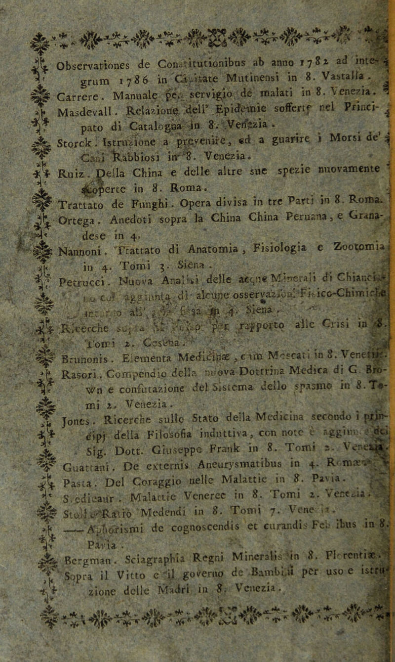 Jt observationes de Con.-ìitutionibus ab anno 1781 ad interi ~ . . ' • ■ »« »•. : :_ o ir-. grum 1786 in CV.Ótate Mntinensi in 8. VastaJla &amp; Carrere. Manuale pie.. servigio de inalati in 8. Venezia. »;u Masdevall. Relazioni del 1* Epidemie sofferte nel Princi- f -,jr pato di Catalogna in 8. Venezia. Jt, Storck. Istruzione a prevenire, ed a guarire i Morsi de i ^ C.'. i Rabbiosi in- 8. Venezia. Ruiz. Della China e delle altre sue spezie nuovamente r JL stoperce in 8. Roma. . *Sjf Trattato de Funghi. Opera divisa in tre Parti in 8. Roma. A Ortega . Anedoti sopra la China China Perula , e Grana- , dese in 4. $ Nannoni. Trattato di Anatomia, Fisiologia e Zootomiai &lt; in 4* Tomi 3* Siena . f Petrucci. Nuova Analisi delle aitate Minerali diChiar.ci- .5^ i tk cJ; aggiunta, di' alcune osservaci Fi: icc-Chimi^ % ''J-iZZjrtp ah’., i : l'a w £ Siena. -'**M . Ricerche se; .u VF'Ft ^p: 'p-'’r tjraJ jy . yl* * . &gt; p?i; riporto alle Crisi in ,/ v Torri a. Cesata. ( ^ Brunonis . Elementa Mediana: , c tra Mescati in 8. Venet ^ Rasori. Compendio della nuova Dottrina Medica di G Biro- Wn e confutazione del Sistema de&gt;lo spasmo in 8.Ta- mi z. Venezia. ili! * « ^ X Jones. Ricerche sullo Stato della Medicina secondo i prìn- •Ì!* cip) della Filosofia induttiva, con note è aggi m • dei, % Sig. Dott. Giuseppe Frank in 8. Tomi s. Vcet^. 2$tr. ^'L,wrr - %^Giiattani. De externis Aneurysmatibus in 4. R mxv . Yt •&gt; Ciuatranl. ue oxholiu» ... -r- — A Pasta. Del Coraggio nelle Malattie in 8. Pavia 1' S.edieaur . Malattie Veneree in 8. Tomi z. Venera. ^ òdeauaur • 1 jtudiitv ’$£$■ Sto.il c^Ratro Medendi in 8. Tomi 7. Vene .1. __ Aforismi de cognoscendis et curandis Fé. ibus in 8. *'• ' Pina . Bcrgman. Sciagraphia Regni Mir.cralis in 8. Fi ■ ronfi ac.. f **' Sopra il Vitto e il governo de Bambt.u per uso e istrt»J A zione delle Madri in 8. Venezia. 1 ... t M» .Hv,* .. * a.