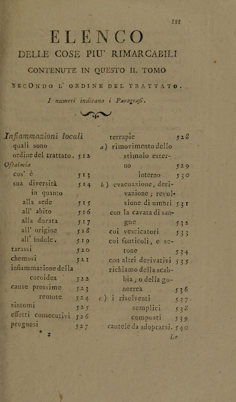 IH ELENCO DELLE COSE PIU’ RIMARCABILI CONTENUTE IN QUESTO IL TOMO Secondo l’ ordine del trattato. 1 numeri indicano i Paragrafi. Infiammazioni locali quali sono ordine del trattato. 512 Oftalmia cos’ è IL sua diversità 4 in quanto / . alla sede ali’ abito 516 alla durata 517 all* origine all’ indole. S 19 tarassi 520 chemosi 521 infiammazione della coroidea 522 cause prossime remote 524 sintomi 527 effetti consecutivi 5 2 6 prognosi 527 * terrapìe 52 8 a) rimovimento dello stimolo ester- no , 529 interno 530 i) evacuazione, deri- . vazione ; revul- sione di umori 531 con la cavata di san- gue . 552 coi vescicatori 533 coi fonticoli, e se- tone 534 con altri derivativi 535 richiamo della scab- bia ; 0 della go- norrea 536 c ) i risolventi 537 semplici 530 composti 535) cautele da adoprarsi. 7 40 Le z