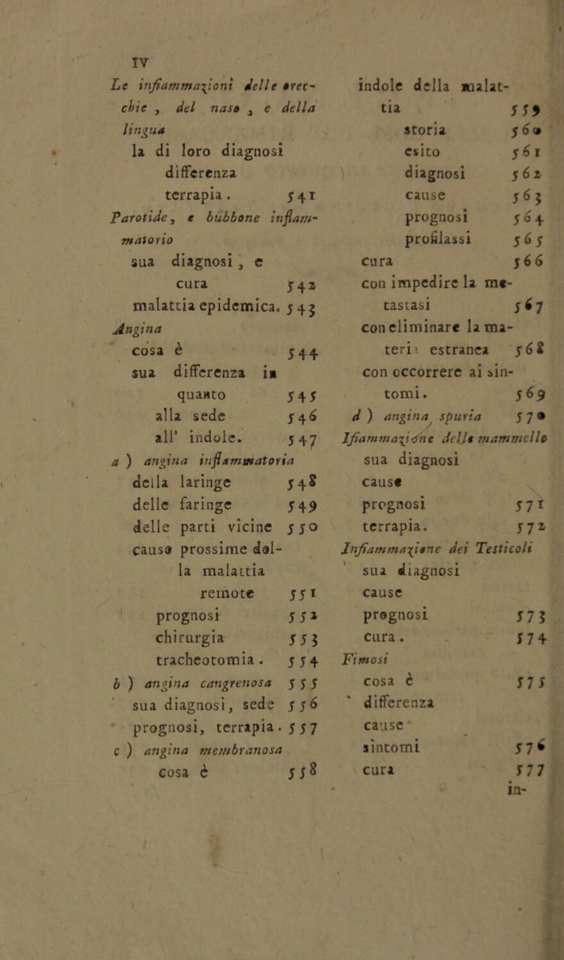 Le infiammazioni delle trec- cile , del naso 3 e della lingua la di loro diagnosi differenza terrapia. 541 Parotide, e bubbone infiam- matorio sua diagnosi , e cura 5 4z malattia epidemica. 545 Angina cosa è J44 sua differenza in quanto 545 alla sede 546 all’ indole. 547 a ) angina infiammatoria della laringe 548 delle faringe 549 delle parti vicine 550 causo prossime dal- la malattia remote 551 prognosi $$x chirurgia 553 tracheotomia. 554 b ) angina cangrenosa 555 sua diagnosi, sede 556 prognosi, terrapia. 557 c ) angina membranosa cosa c indole della inalat- tu 555 storia 56® esito 561 diagnosi 5 6 1 cause 5*5 prognosi 5* + profilassi 565 cura $ 6 6 con impedire la me tastasi 5*7 con eliminare la ma - teri ! estranea $61 con occorrere ai sin - tomi. 569 d ) angina spuria 57® lfiamniagi-ine dcljt mammelle sua diagnosi cause prognosi 57Ì terrapia. 5 71 Infiammazione dei Testicoli sua diagnosi cause prognosi 575 cura. 57 + Fimosi cosa è 575 differenza cause sintomi 57* cura 577 in-