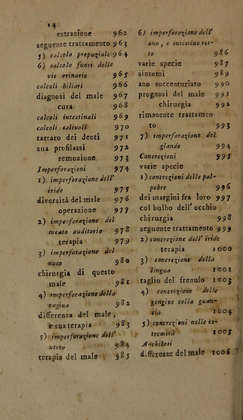 *4 estrazione 962, seguente trattamento 9 6 ? y) calcolo prepuziale 9 6 4 6) calcolo fuoii dello vie orinarie 96 s calcoli biliari 96 6 diagnosi del male 967 cura 9 6 8 calcoli intestinali 969 calcoli salivali 9 70 tartaro dei denti 97 1 sua profilassi 972 remozione 97? Imperforazioni 974 I ) imperforazione dell ìride 975 diversità del male 976 operazione 977 2) imperforazione del meato auditorio 97S terapia 979 3) imperforazione del naso 980 chirurgia di questo male 9^* *).) imperforazione della vagina 9 S 2 differenza del male, esuaterapia 9^? 5) imperforazione dell utero 9^4 terapia del male 9 S 5 6j imperforazione dell' ano } e intestino rei- to 986 varie specie 987 sintomi 989 ano succenturiato 990 prognosi del male 99 1 chirurgia 992 rimanente trattamen * to 99? 7) imperforazione del glande 99 \ Concrezioni 995 varie specie l) concrezioni delle pai - pebre 99S dei margini fra loro 99 7 col bulbo dell'* occhio chirurgia 99S seguente trattamento 999 2) concrezione dell’ inde terapia loco 3) concrezione della lingua I O o I taglio del frenulo 100$ ij) concrezione delle gengive colla guan- cia «CO.4. 5) concrcfoni nelle es- tremitìi ICC f Anchilosi differenze del male ioof /