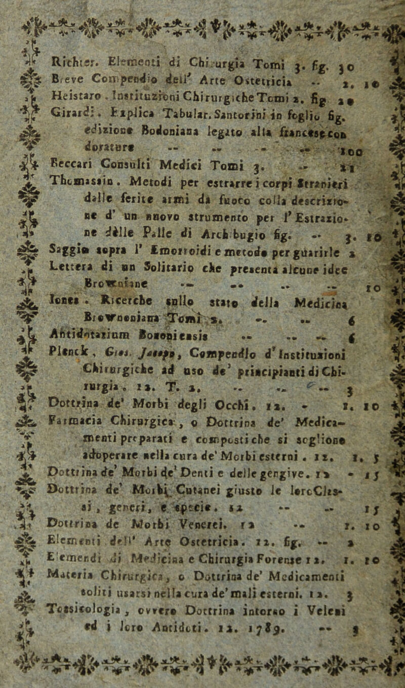 ì? & i5t? *2&, 5 IO 3 * & f V € <& * 1 <S& ■v *(• « ji* » Richtsr. Elementi di Chr.urgia Tomi 3. f,g. jo B eve Compendio dell* Arte Ostetricia ~ x. »• Heistaro .lomtuzroni Chirurgiche Tomi a. fig a , Girard*, Esplica Tabular. Santorini in fogliò fig. edixion» Bodoniana legato alla fiancesfUon doratura -- .. loo Beccari Consulti Medici Tomi 3. *j Thtsiassin. Metodi per estrarre i corpi Stranieri dalle ferite armi da fuoco colia descritto* ne d’ un nuovo strumento per J* Estraxio* ne dèlie Palle di Arci bugio ég. — 3. Saggi® sopra 1’ Emorroidi e metodo per guarirle a Lettera di un Solitario cJie presenta alcune idee .Browniane •— .. Icnea . Ricerche sullo stato della Medicina Brownoniana Tomi ». -- .. £ Ahtidotaiium Rosoni easis » .. .. { Planck, Gin. Jtttpo, Compendio d Instituaioni Chirurgiche ad oso deJ principianti di Chi- rurgia. 1*. T. ». .. .. *■— 3 Dottrina de’ Morbi degli Occhi, i». » x. io Farmacia Chirurgica , o Dottrina de* Medica- menti preparati e composti che si sogliono adoperare sella cura de'Morbi esterni . ir. 1, y Dottrina de’ Morbi de’ Denti c delle gengive. 1 » • tj Dottrina de’ Morfei Cutanei giusto le lercChs- ai, generi, e specie, si *- rj Dottrina de Morbi Venerei, r» •- r. xo Elementi dell’ Arte Ostetricia, ri, fig. •- » E emendi ili Medicina e Chirurgia Forense r 1. X. r© Materia Chirurgica, 0 Dottrina de’ Medicamenti soliti usarsi nella cura de’mali esterni. 1». 3 Tossicologia, ovvero Dottrina intorno i Veleaì *d i loro Antidoti, il. 1JÌ3. — 9 4 i} «1* > 4 *. « I i ti * 4 -> ^S* ‘•Hgne ìf* *vr| ^ 4^* «jjprti