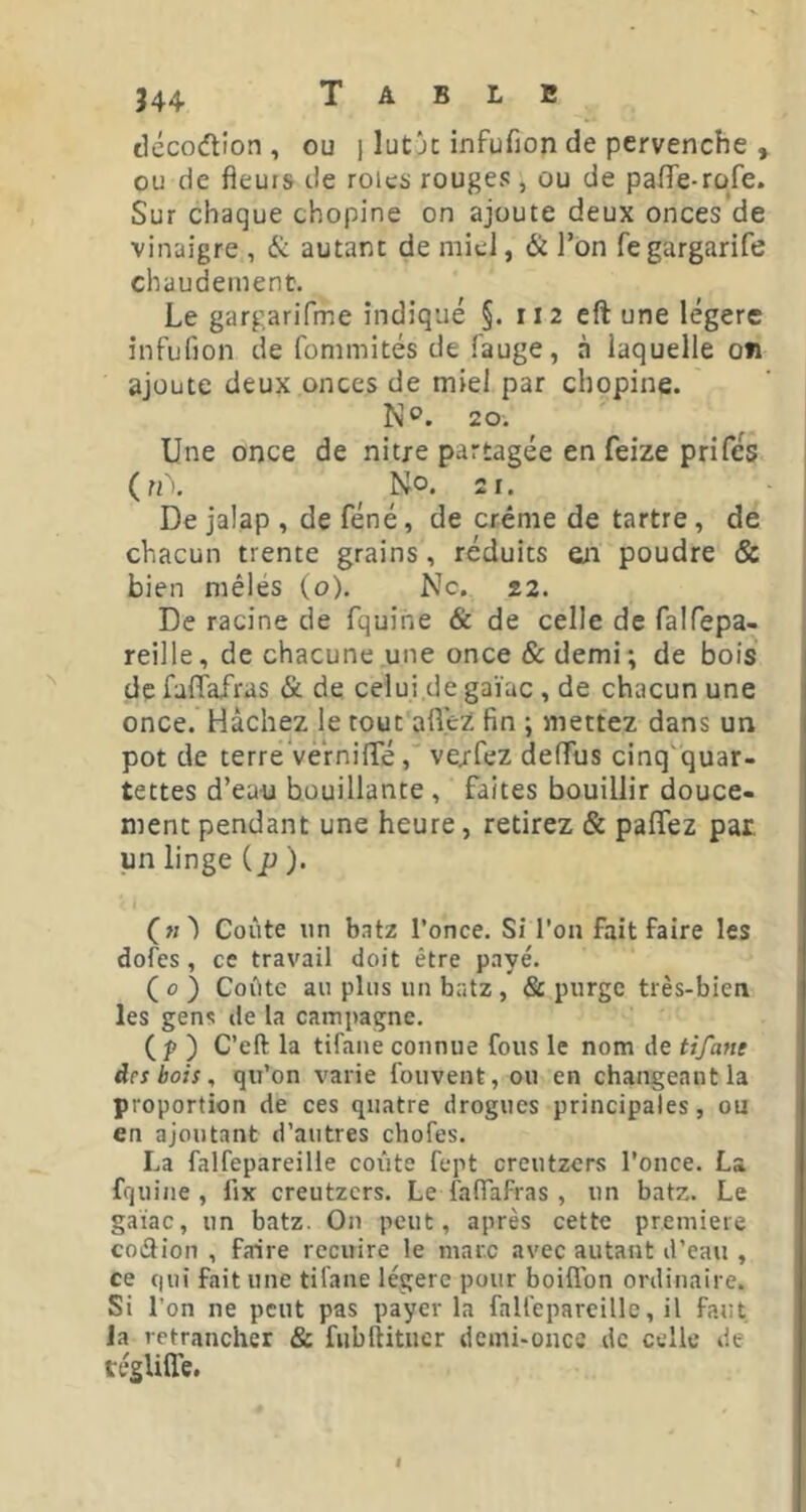 décodtion , ou j lutk infufion de pervenche , ou de fleurs de rôles rouges , ou de paflfe-rofe. Sur chaque chopine on ajoute deux onces de vinaigre , & autant de miel, & l’on fegargarife chaudement. Le gargarifme indiqué §. 112 eft une légère infufion de fommités de fauge, à laquelle on ajoute deux onces de miel par chopine. N®. 20. Une once de nitre partagée en feize prifés (n\ No. 21. De jalap , de féné, de crème de tartre, de chacun trente grains , réduits eai poudre & bien mêlés (o). Ne. 22. De racine de fquihe & de celle de falfepa- reille, de chacune une once & demi ; de bois de faflTafras & de celui.de gaïae , de chacun une once. Hachez le tout aflèz fin ; mettez dans un pot de terre vérnilTéve/fez deflfus cinq'quar- tettes d’eau bouillante, faites bouillir douce- ment pendant une heure, retirez & paflfez pat un linge ( jj ). (w') Coûte un b.atz l’once. Si l’on fait faire les dofes, ce travail doit être p.iyé. ( <5 ) Coûte au plus un batz , & purge très-bien les gens de la campagne. (p ) C’eft la tifaiie connue fous le nom de ti/ane des bois, qu’on varie fouvent, ou en changeant la proportion de ces quatre drogues principales, ou en ajoutant d’autres chofes. La falfepareille coûte fept creutzers l’once. La fquine , fix creutzers. Le lafTafras , un batz. Le gaiac, un batz. On peut, après cette première coûion , faire recuire le marc avec autant d’eau , ce qui fait une tifane légère pour boiflon ordinaire. Si l’on ne peut pas payer la faUepareille, il faut Ja retrancher & fiibftitucr demi-once de celle de régUlTe.