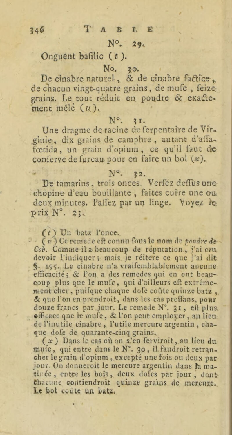 / \ 34$ Table 29. Onguent bafilic ( t ). No. 30. De cinabre naturel, & de cinabre fadlîce ^ de cTiacun vingt-quatre grains, de mufc , feize grains, Le tout réduit en, poudre & exaéle- ment mêlé («). N°. îr. Une dragme de racine de ferpentaire de Vir- ginie, dix grains de camphre, autant d’afTa- fœtida, un grain d’opium, ce qu’il faut (46 coni'erve de fureau pour en faire un bol (a;). N®. ?2. De tamarins, trois onces. Verfez deffijs une chopine d’eau bouillante , faites cuire une ou deux minutes. Paflfez par un linge. Voyez fç- I>rix N°. SJ.. (r) Un batz l’once, ( K ) Ce reraede eft connu fous le nom de poudre de Cob. Comme il a beaucoup de réputation , j’ai cm devoir l’indiquer j mais je réitéré ce que j’ai dit §• 1,9^. Le cinabre n’a vraifemblablcment anenne efficacitéi & l’on «a des remedes qui en ont beau- coup plus que le mufc, qui d’ailleurs cft extrême- ment citer, puifque chaque dofe coûte quinze batz , & que l’on en prendroit, dans les cas prell'ans, posr douze francs par jour. Le reniede N”. 31, eft plus, •iificace que le mufc, & l’on peut employer, an lieu de l’inutile cinabre , l’utile mercure argentin , cha- que dofe de quarante-cinq grains. ( x) Dans le cas où on s’en feiviroit, an lien du mufc, qui entre dans le N°. 30, il fandroit retran- cher le grain d’opium , excepté une fois ou deux par jour. On donneroit le mercure argentin dans h ma- tiréc, entre les bois, deux dofes par jour, dcuit Chacune contiendroit quinze grains de mereuxe. Le bol coûte un batz.