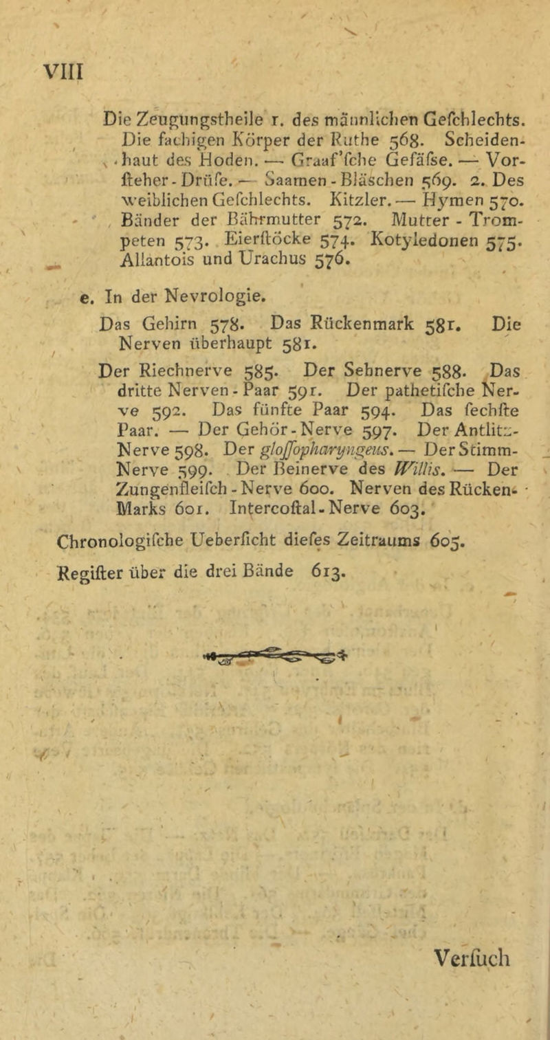 Die Zeup;iingstbeile r. des mannliclien Gefchlechts. Die facbigen Körper der Ruthe 568. Scheiden- ^ Jiaut des Woden. — Graaf’fcbe Gefäfse. — Vor- lieber-Drflfe.— Saamen-Bläschen 569. 2. Des weiblichen Gefchlechts. Kitzler. — Hymen 570. - ' , Bänder der Bährmutter 572. Mutter - Trom- peten 1573. . Eierftöcke 574. Kotyledonen K’tk. Allantois und Urachus 576. e. In der Nevrologie. Das Gehirn 578. Das Rückenmark 581, Die ^ . Nerven überhaupt 581. Der Riechnerve 585. Der Sebnerve 588« Das ■ dritte Nerven-Paar 59r. Der pathetifche Ner- ve 592. Das fünfte Paar 594. Das fechfte Paar. — Der Gehör-Nerve 597. Der Antlitz- Nerve 598. Der gloffopharyngeits. — DerStimm- Nerve 599. , Der Beinerve des Willis. — Der Zungenfleifch-Nerve 600. Nerven des Rücken^ ■ Marks 601. Intercoftal-Nerve 603.' Chronologifcbe Ueberficht diefes Zeitraums 605. Regifter über die drei Bände 613. ■ - A- Verluch .1