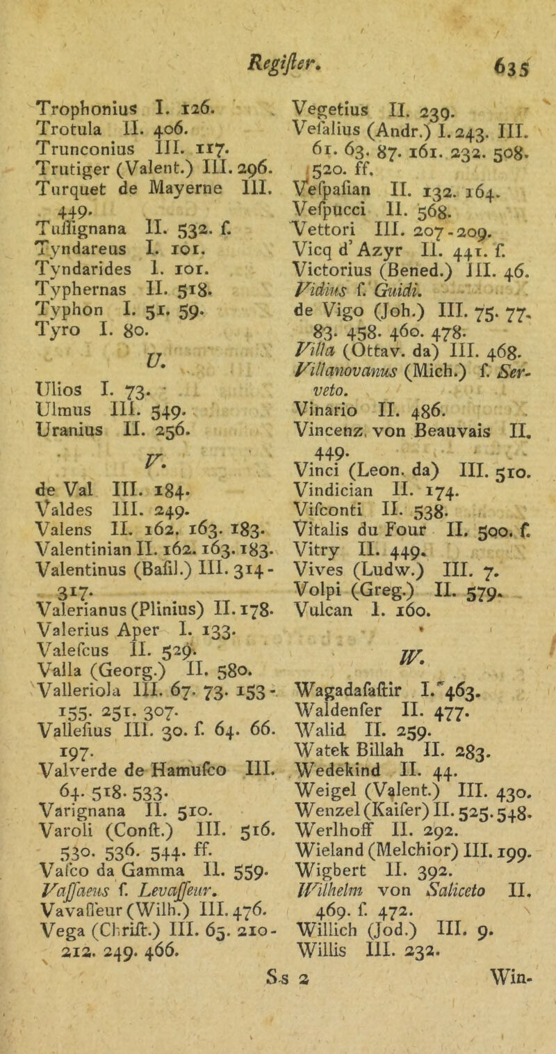 Trophonius I. 126. Trotula II. 406. Trunconius III. 117* Trutiger (Valent.) III. 296. Turquet de Mayerne 111. Tuirignana II. 532. f. Tyndareus I. 101. Tyndarides 1. lor. Typhernas II. 518. Typhon I. 51. 59. Tyro I. 80. U- Ulios I. 73. • Ulmus 111. 549. Uranius II. 256. V, de Val III. 184* Valdes III. 249. Valens II. 162. 163. 183* Valentinian II. 162.163.183. Valentinus (Bafil.) 111. 3^4 317- Valerianus (Plinius) II. 178. Valerius Aper I. 133. Valefcus II. 529'. Valla (Georg.) II. 580. Valleriola 111. 67. 73. 153 135. 251. 307. Vallefius 111. 30. f. 64. 66. 197- Valverde de Hamufco III. 64- 5^8. 533- Varignana II. 510. Varoli (Conft.) III. 516. 536. 544. ff. Valbo da Gamma 11. 559* Vaßaeus f. Levaßeur, Vavafieur (Wilh.) 111.476. Vega (Chrift.) III. 65. 210- 212. 249. 46Ö. Vegetius II. 239. Velalius (Andr.) I.243. HI. 63. 87. 161. 232. 508. 1520. ff, Vefpafian II. 132. 164. Vefpucci 11. 568. Vettori 111. 207-209. Vicqd’Azyr 11. 441. f. Victorius (Bened.) 111. 46. Vidms C Guidi. de Vigo (Job.) III. 75. 77, 83* 458. 4Ö0. 478. Villa (Ottav, da) III. 468. Villanovanus (Mich.) f. Ser> Veto. Vinario II. 486. Vincenz. von Beauvais II, 449* Vinci (Leon, da) III. 510. Vindician II. 174. Vifconti II. 538. Vitalis du Four II. 300. f. Vitry II. 449. Vives (Ludw.) III. 7. Volpi (Greg.) II. 579. Vulcan 1. 160. IV, Wagadafaftir I.''463. Waldenfer II. 477. Walid II. 259. Watek Billah II. 283. Wedekind II. 44. Weigel (Valent.) III. 430. Wenzel (Kaifer) II. 525.548. Werlhoff II. 292. Wieland (Melchior) III. 199. Wigbert II. 392. Wilhelm von Saliceto II, 469. f. 472. N Willich (Jod.) III. 9. Wilüs 111. 232. S.S 2 Win.