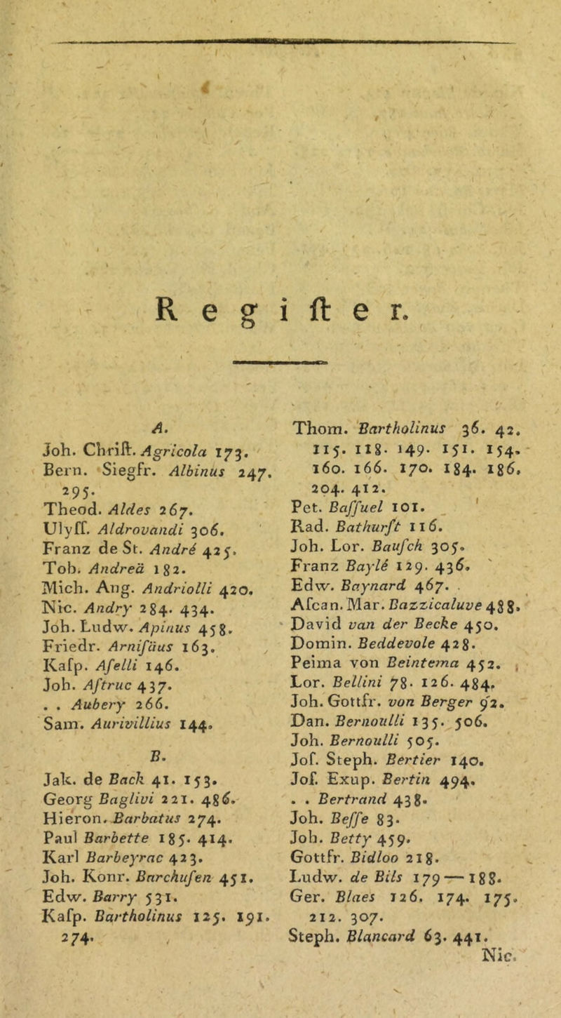 r R e g i ft e r. A. Joh. Clirill. jlgr/co/a 173. Bern. Siegfr. Albinus 247. 295. Theod.267. Uly ff. Aldrovandi 306. Franz de St. Andr6 425. Tob. Andrea 1 82. Mich. Ang. Andriolli 420. Nie. Andry 284. 434. Joh. Ludw. Apinus 458. Friedr. Arnifäus 163. ^ Kafp. AfeLli 146. Joh. Aftruc 437. . . Aubery 266. Sam. AurivilLius 144. B. Jak. de Back 41. 153. Georg Bagliüi 221. 48^. Hieron. 274. Paul Barbette 185« 414. Karl Barbeyrac 423. Joh. Konr. Bnrehufen 451. Edw. Barry 531. Kafp. Bartholinus 125. 191. 274. Thom. Bartholinus 36. 42, I15. 118- 149- 151. 154. - 160. 166.^170. I84. 186, 204. 412. Pet. Baffuel loi. _ ' Rad. Batliurft 116. Joh. Lor. Baufch soy. Franz BayU 129. 436, Edw. Baynard 467. Afcan.Mar. Bazticaluve David van der Becke 450. Domin. Beddevole 428. Peima von Beintema 452. , Lor. Bellini 78- 126. 484, Joh. Gottfr. von Berger 9'2. Dan. Bernoulli 135. 506. Joh. Bernoulli 505. Jof. Steph. Bertier 140. Jof. Exup. Berlin 494, . . Bertrand 438* Joh. Beffe 83* Joh. 459. Gottfr. Bidloo 21S. Ludw. de Bils 179 — 188* Ger. Blaes 726. 174. 175. 212. 307. Steph. Blancard 63. 441. Nie.