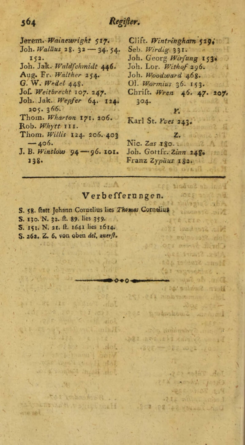 Jerem. Wninewright 517, Joh. WalHus 2g. 32 — 34. 54. 152. Joh. Jak.-446« Aug. Fr. Walther 254. Wedel 448. JoL Weitbrecht 107. 247. Joh. Jak. Wepfer 64.- 124I 205. 366.' , - Thom. Wharton 171. 206. , Rob. Whytt 111. Thom. Willis 124. 206. 40? — 406. J. B. Window 94 — 96. zoi* 138« •. ClJft. fVinfringhatn 529* Seb. Wirdig 331* '• ^ Joh. Georg Wirfung 153* Joh. Lor. Withof 2^6. 1 Joh. Woodward 468. Ol. Wormius 36. 153. Chrift. Wren 46. 47. 207» 304. ' . K - • Karl St. Fves 243** ' * ; Z. *■ /--r Nie. Zar Igo. .Z Joh. Goftfr.‘Zta« 24^* ii.'.ä Franz Z7/?a«r 182* - ^ ■ ■ t Verbefferongen. - -4 _ - ’ » • S. 58. ftatt Johann Coinelius lies TAowax Cornau* . ^ S. 130. N. 32. ft. 89. lies 359. S. 151. N. 21. ft. 1641 hes 1614. S. 263» Z, 6, von oben del. xuerfl. , K C I • I ■■■ : .* 'V,*,. .v(V: • V * . f •» ■ ^ ■■ • V ►O-^O- ' I ' I / V' i. riA. <. ' .i ' ( •v *' i - ' ' I * .. ^ • ' .. . t . »v/ _ • ■a ^ u l f. • i r.